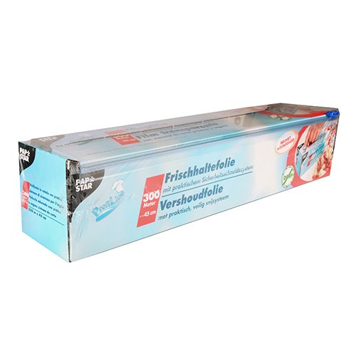 PAPSTAR Frischhaltefolie in Faltschachtel (300m x 45cm) mit praktischem Schneidesystem