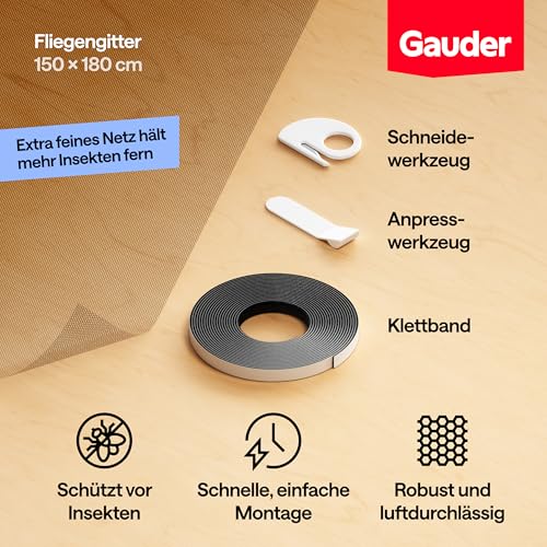 GAUDER Fliegengitter 150x180cm (Schwarz) | Insektenschutz ohne Bohren