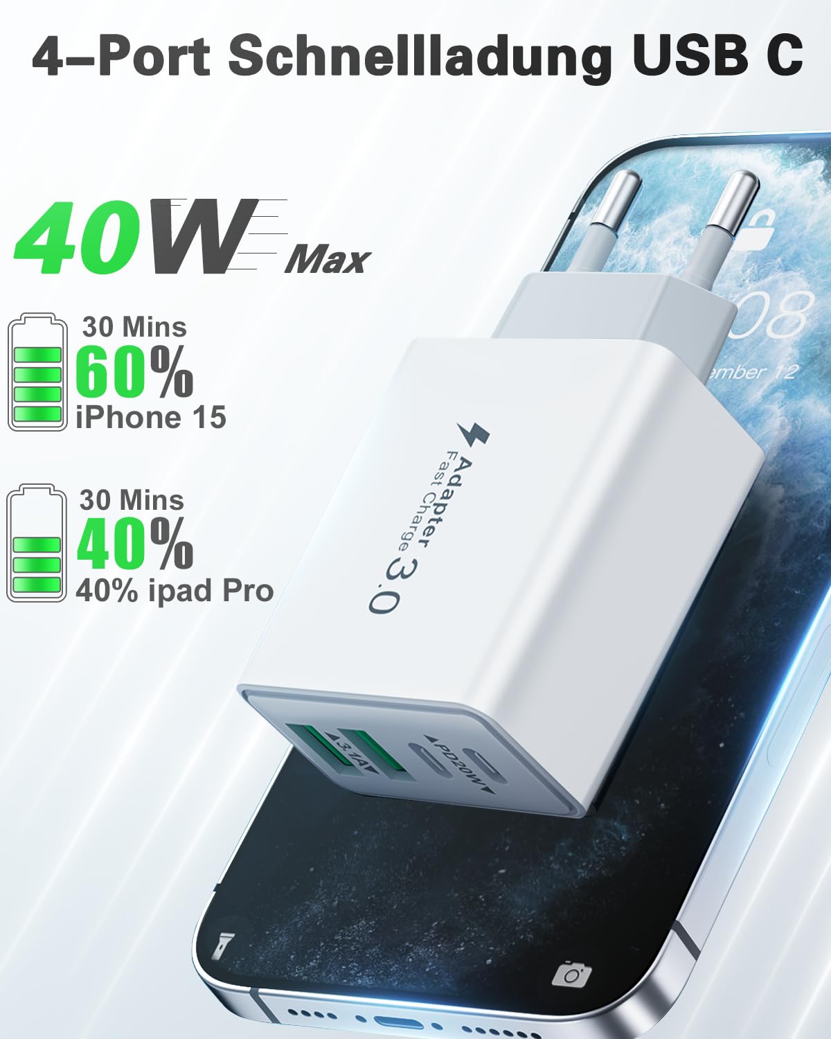 USB-C Charger (40W) 4-Port Fast Charger for iPhone, iPad, Samsung and more