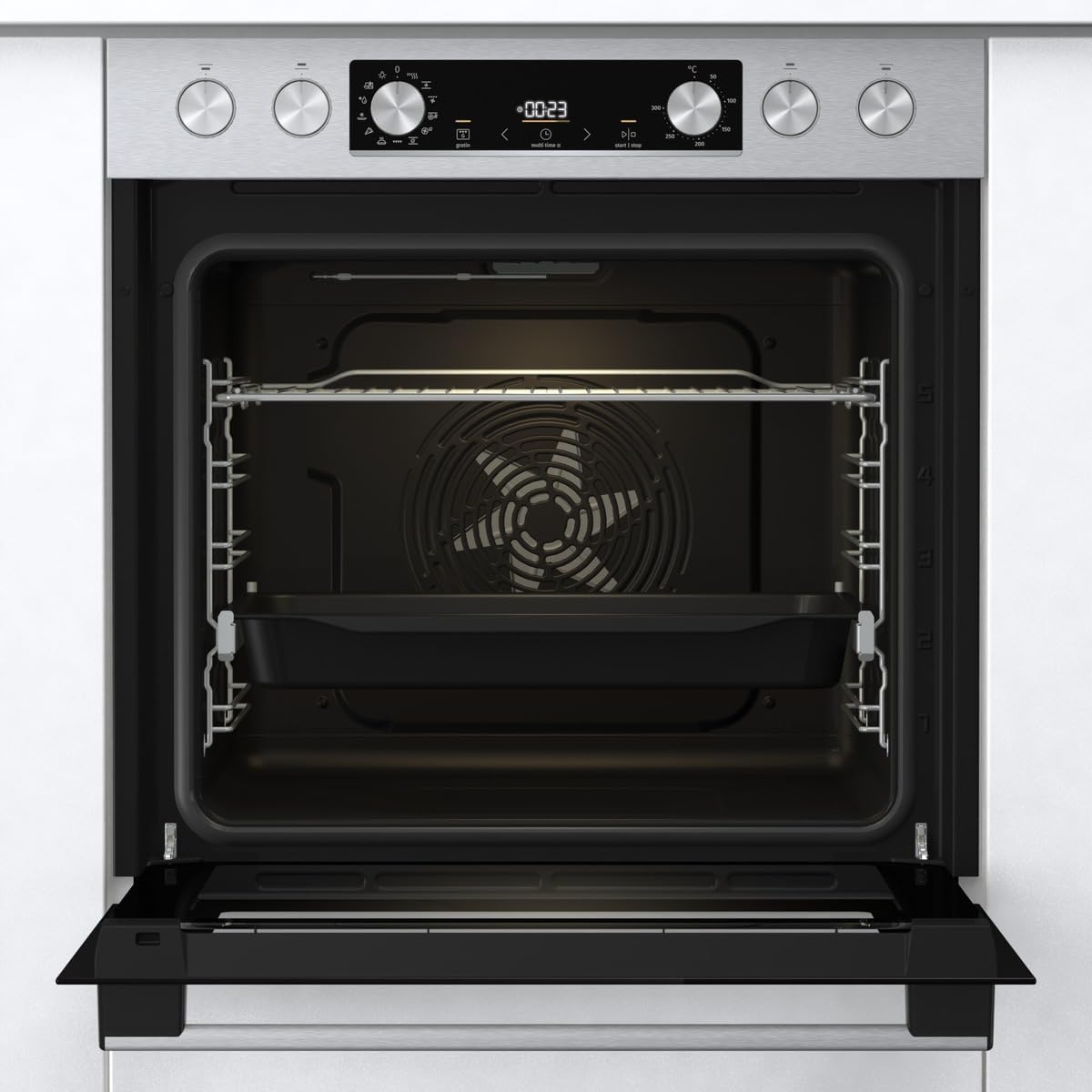 Gorenje Heißluft-Einbauherd-Set Inox (77L BigSpace): Glaskeramikkochfeld, AquaClea, PizzaMode, AirFry