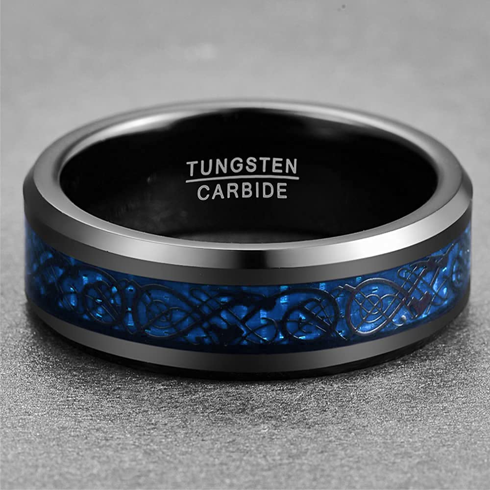 Schwarzer Wolfram-Ring mit keltischen Drachen für Männer: Blau Kohlefaser Poliert (8mm)