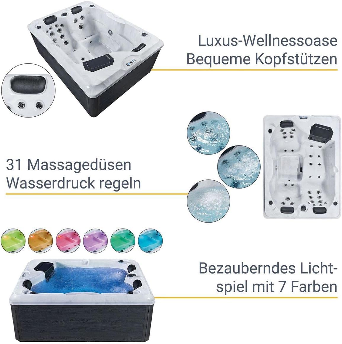 Outdoor-Whirlpool 'BERLIN' für 3 Personen inkl. Thermoabdeckung & LED: 31-Massagedüsen