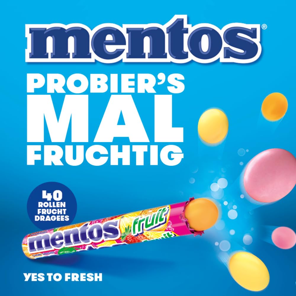 Mentos Fruit Dragees, Frucht-Bonbons mit Orange, Zitrone, Erdbeere, Kaubonbons mit fruchtigem Geschmack, Süßigkeiten Multipack (40 Rollen), vegan