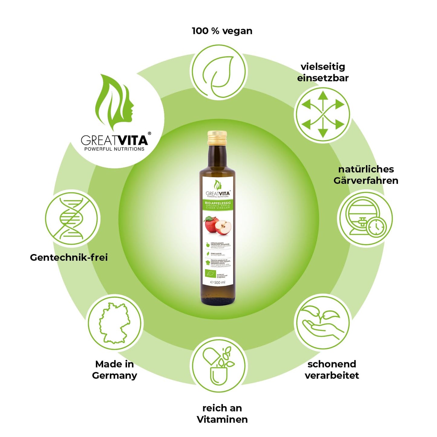 GreatVita 100% Organic Apple Cider Vinegar (2x 500ml - 1 Liter): Naturally cloudy & unfiltered from organic farming
