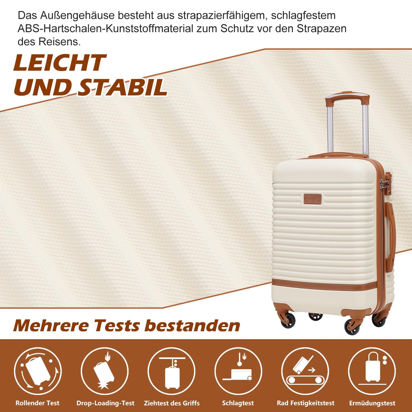 COOLIFE Hartschalen Reisekoffer-Set (5-teilig): ABS, 4 Rollen, TSA-Schloss | Weißbraun
