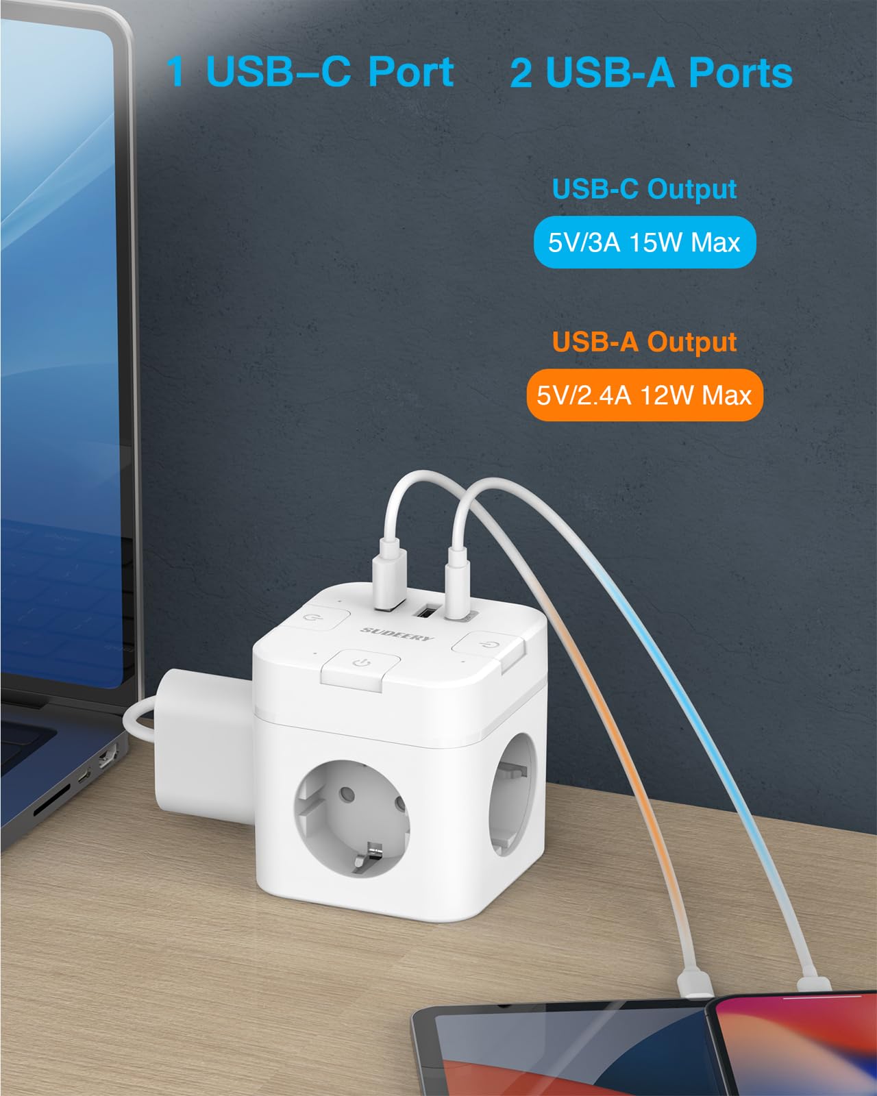 6-in-1 Steckdosenwürfel (2m Kabel) mit USB-C: Einzeln Schaltbar für Büro, Haus, Reisen