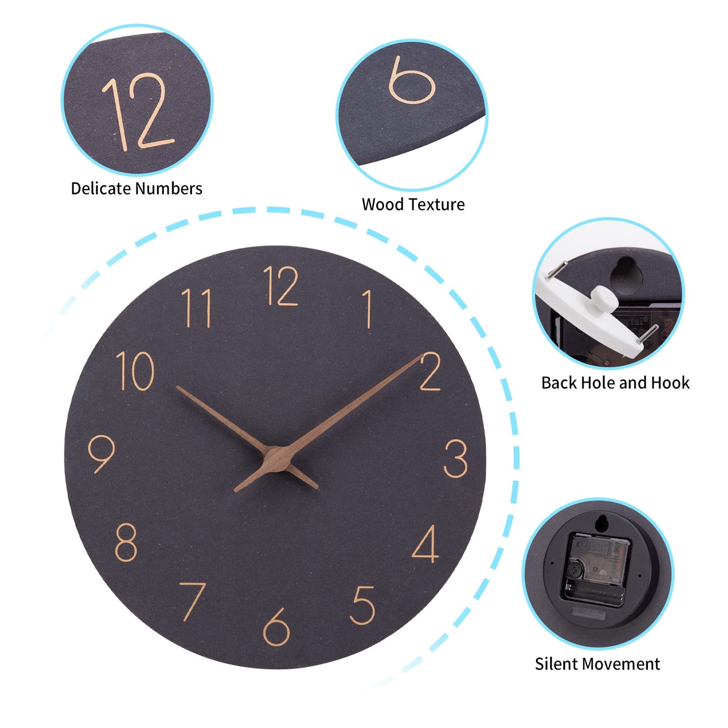 Holz Quarz-Wanduhr (30cm) ohne Tickgeräusche für Wohnzimmer, Küche: Batteriebetrieben