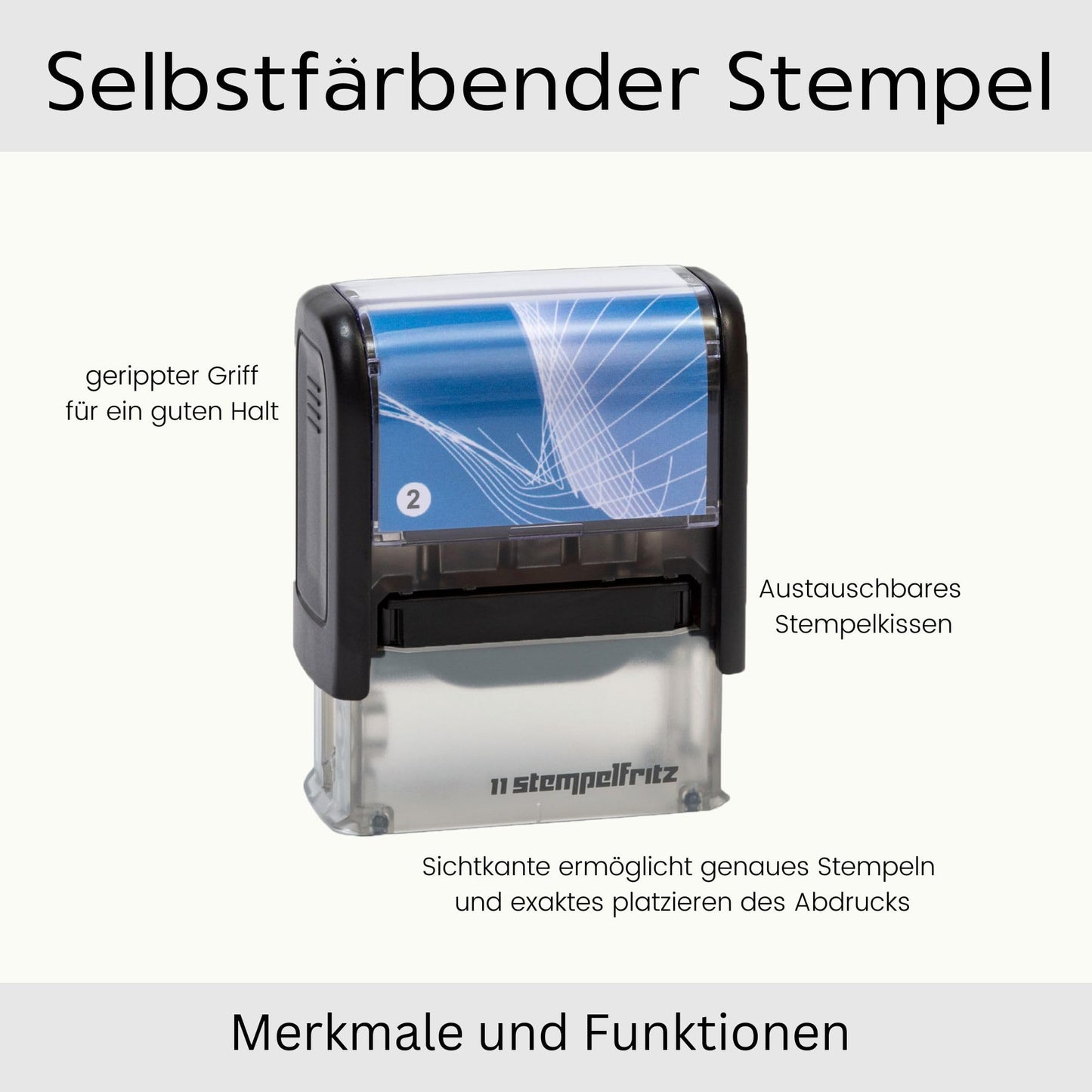 stempelfritz personalisierter Firmenstempel mit Gehäuse in Schwarz-Blau