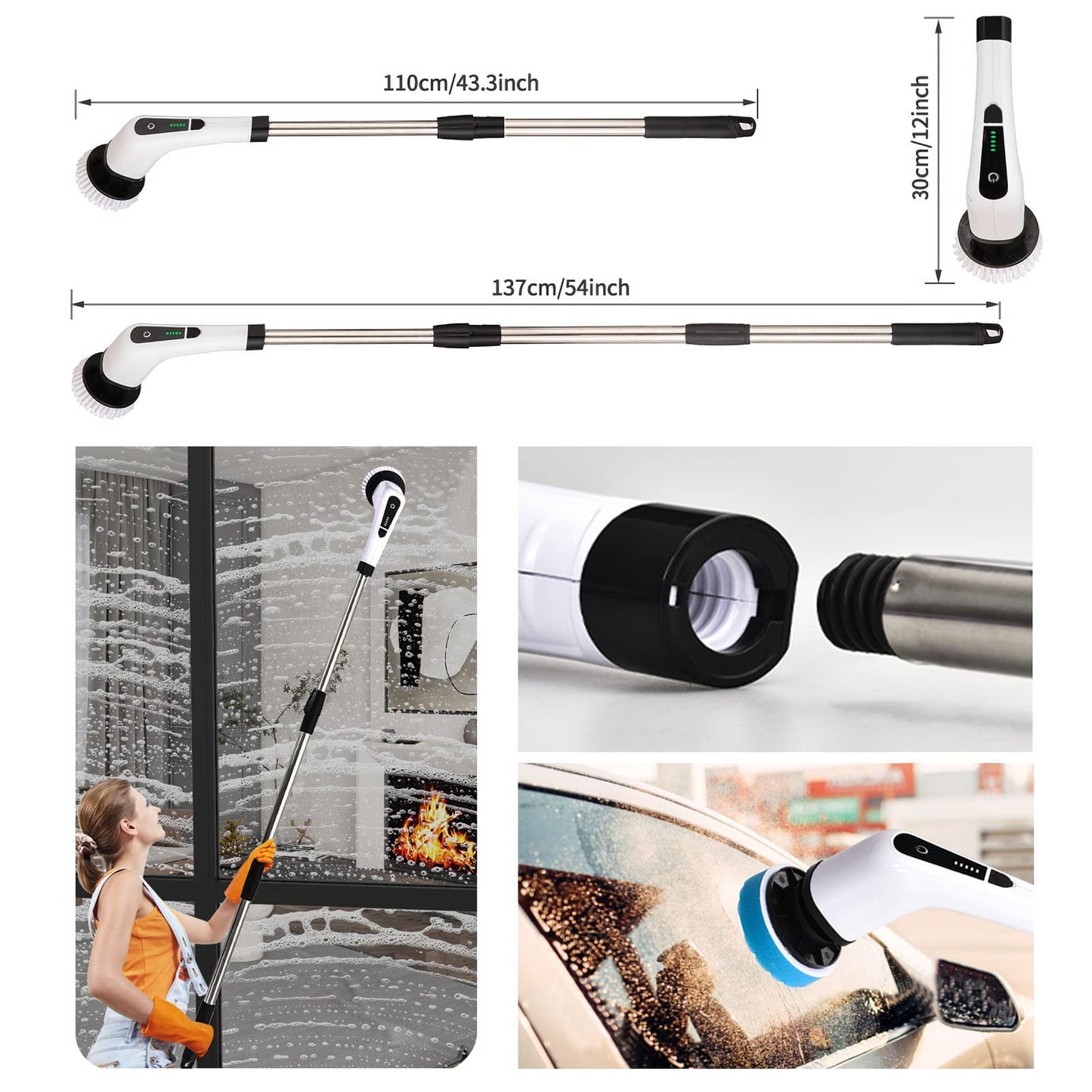 Electric cleaning brush with 8 drill brush heads & adjustable handle
