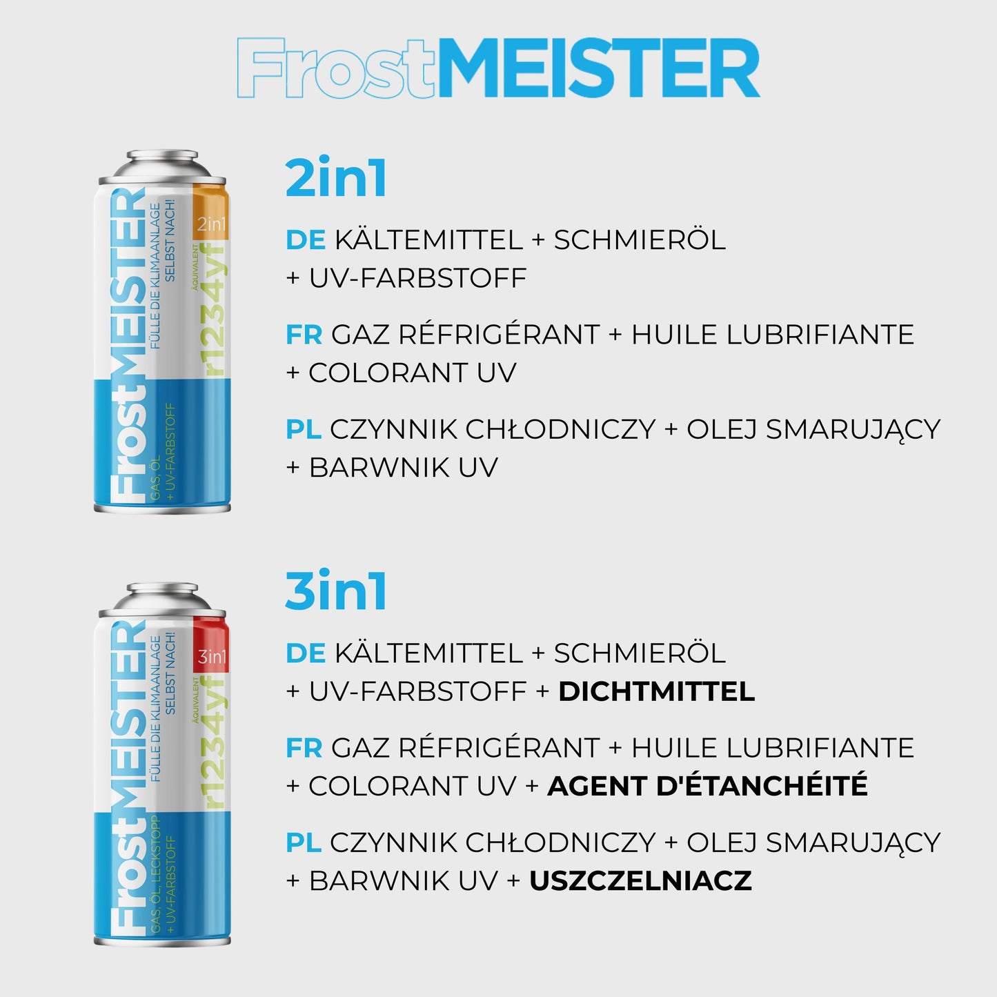 FrostMEISTER 3-in-1 car air conditioning refill kit for R134a (2x 400ml cans & hose with pressure gauge)