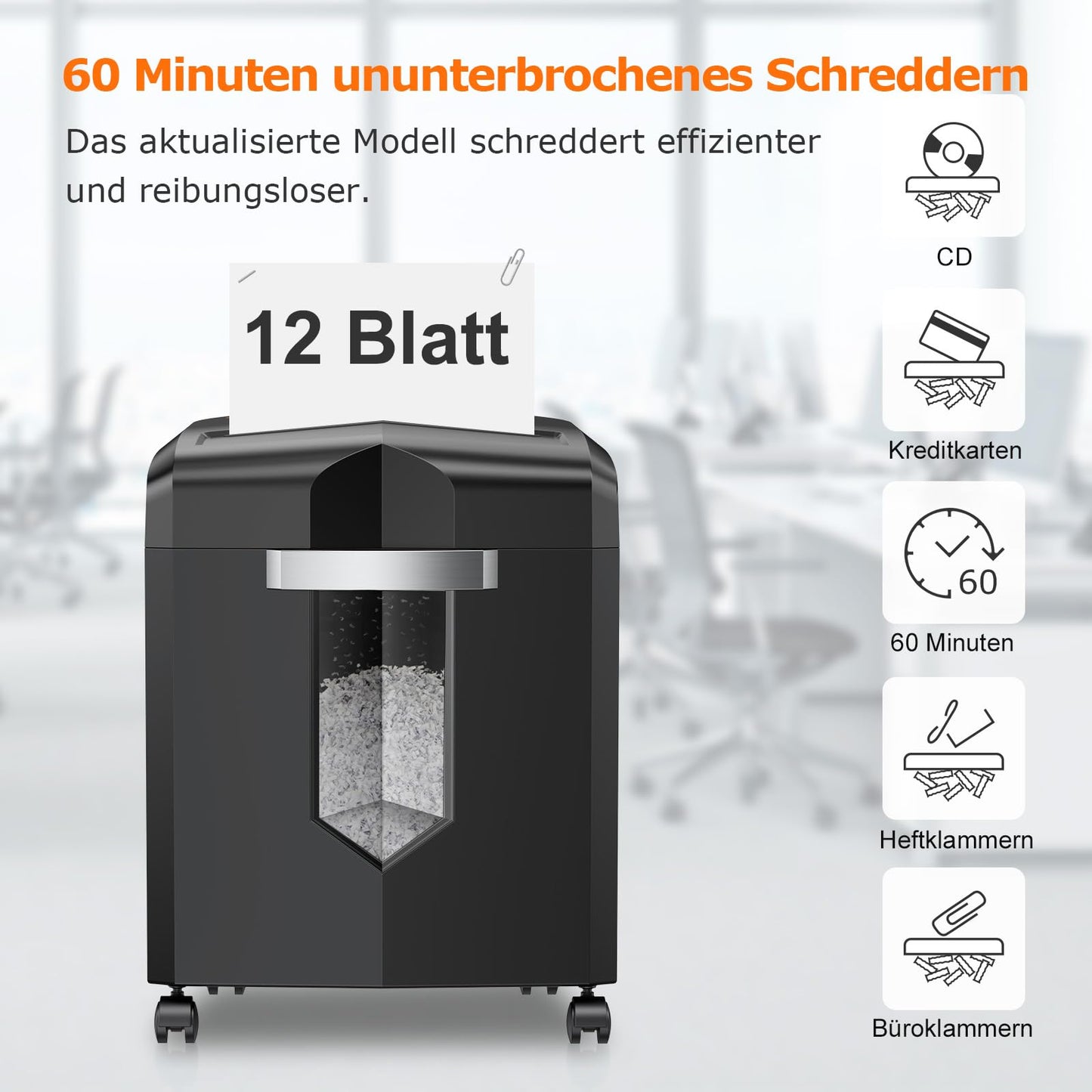 Bonsaii 12-Blatt Partikelschnitt Aktenvernichter, läuft 60 Minuten lang, Hochleistungs schredder aktenvernichter für Home Office, P4 Mikroschnitt papierschredder mit 4 Rollen & 16L Behälter(C266-B)