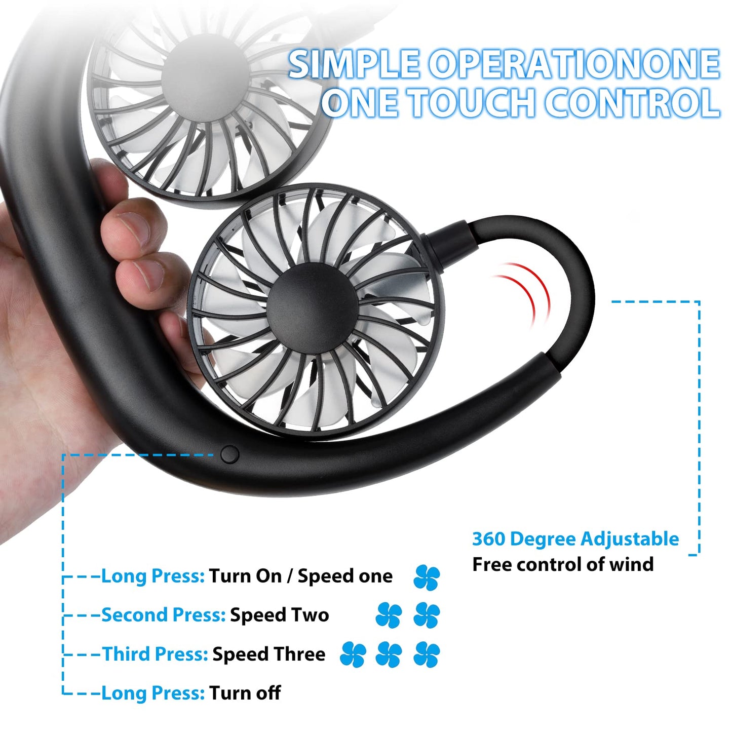 BOSONER Mini Neck Fan (2000mAh) with USB, 360° Airflow, Quiet
