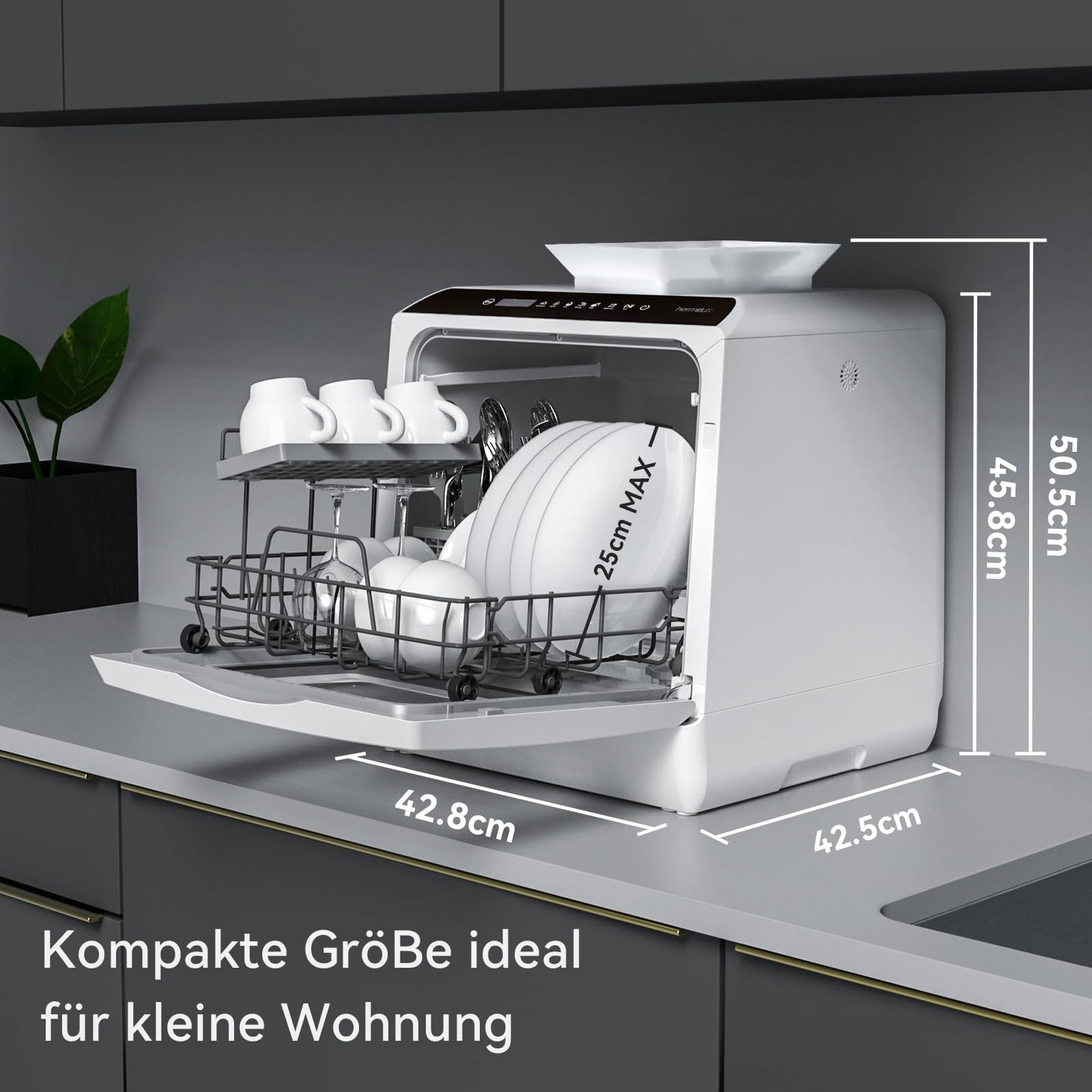 Hermitlux Mini-Geschirrspüler für 4 Bestecksätze, 5 Liter Wassertank, 6 Programme