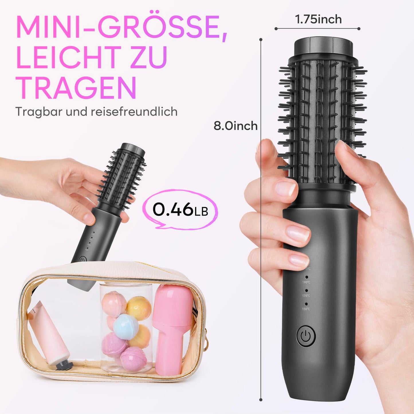 Wireless Reise-Lockenstab-Minibürste für Frauen (7000mAh): USB-Aufladbar mit Negativen Ionen