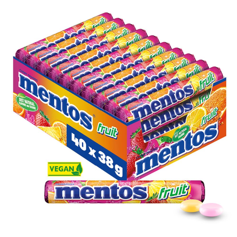 Mentos Fruit Dragees, Frucht-Bonbons mit Orange, Zitrone, Erdbeere, Kaubonbons mit fruchtigem Geschmack, Süßigkeiten Multipack (40 Rollen), vegan