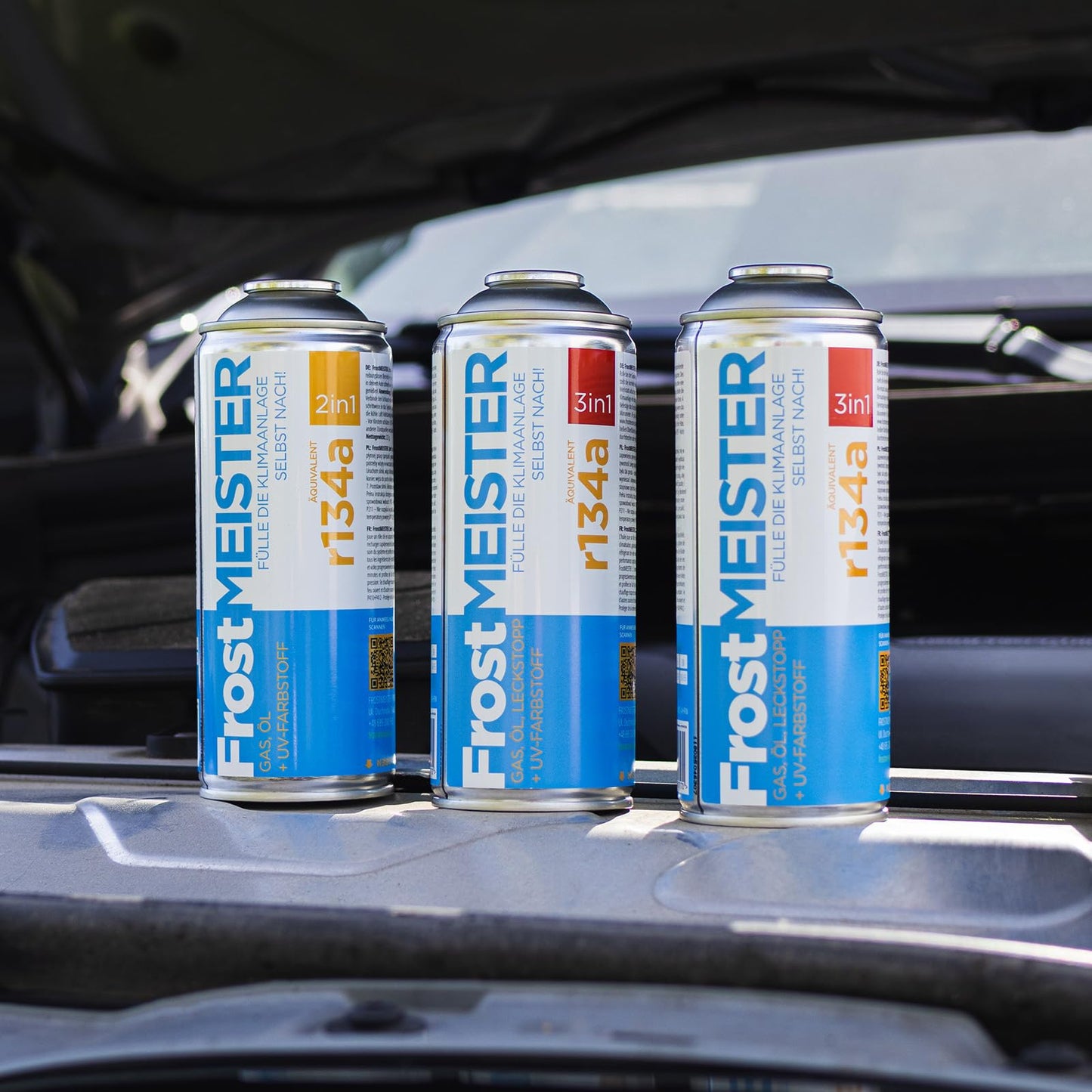 FrostMEISTER 3-in-1 car air conditioning refill kit for R134a (2x 400ml cans & hose with pressure gauge)