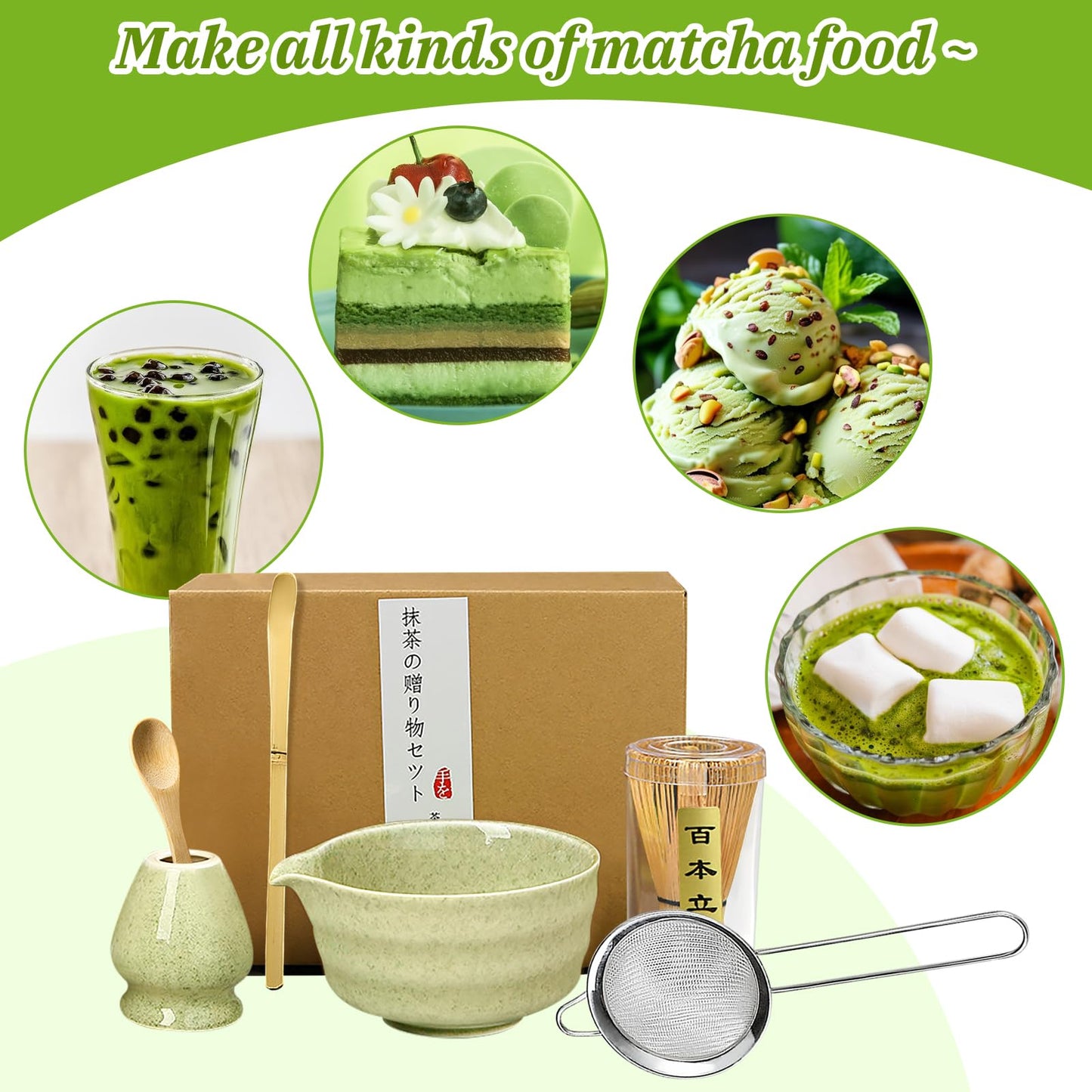 Matcha set, Japanisches Tee-Set, Matcha-Schale, Schaufel, Sieb, Matcha-Besenhalter, Matcha-Besenständer, Matcha-Tee-Set (Hellgrün)