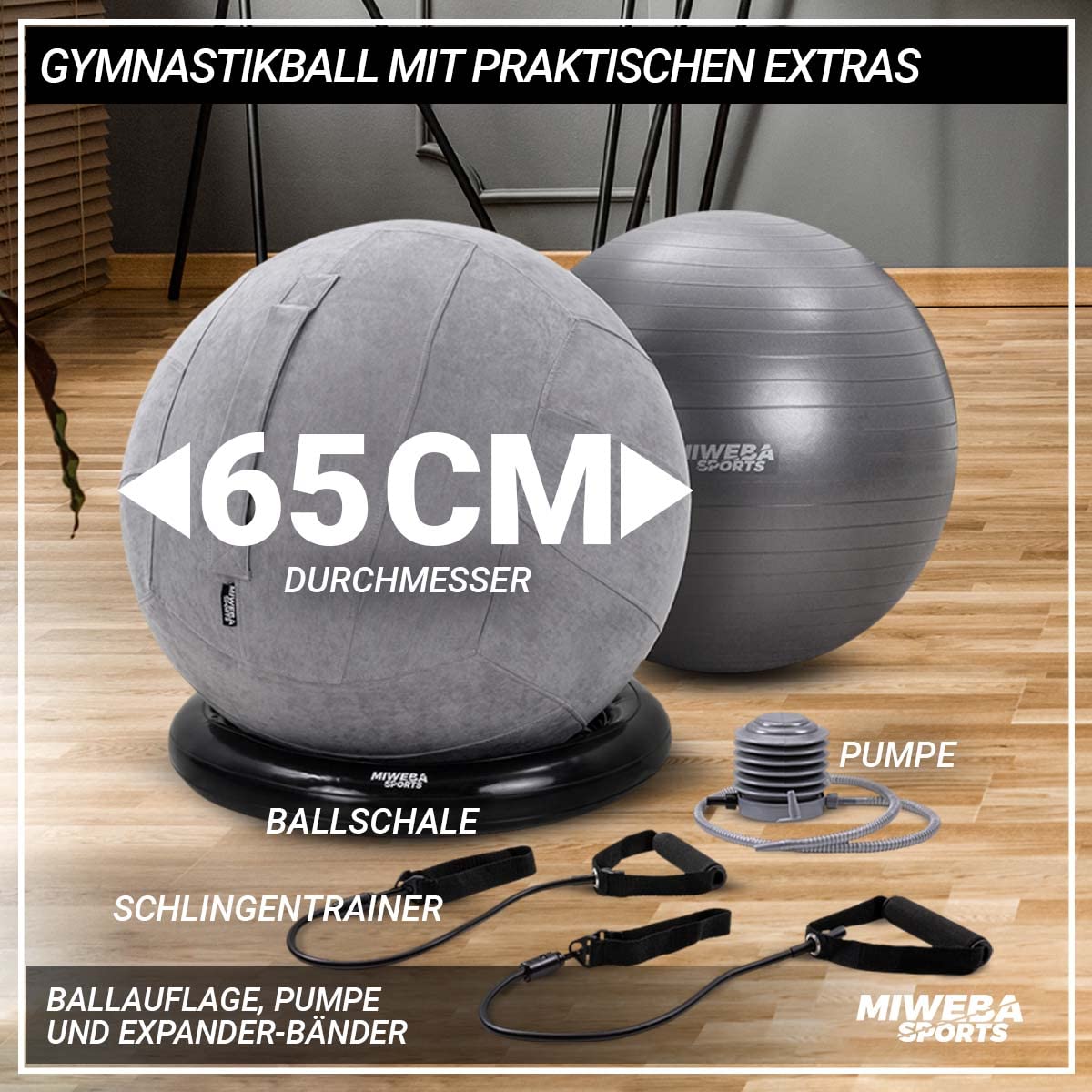 Miweba Sports PVC exercise ball set: 500kg load capacity, 65cm | Seat trainer - fitness ball chair
