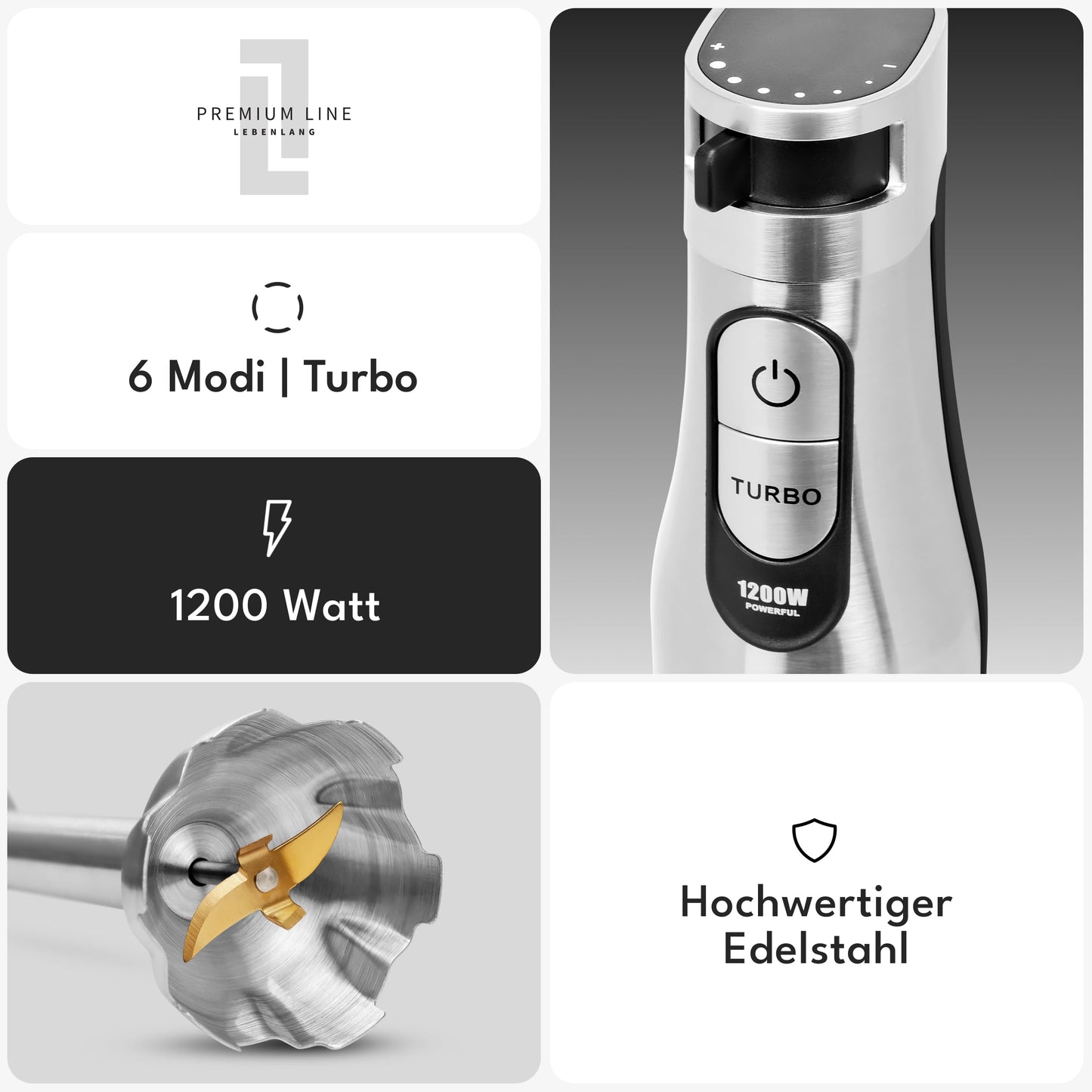 LIFETIME Premium Hand Blender Set (1200W) incl. 5x Accessories & Splash Guard