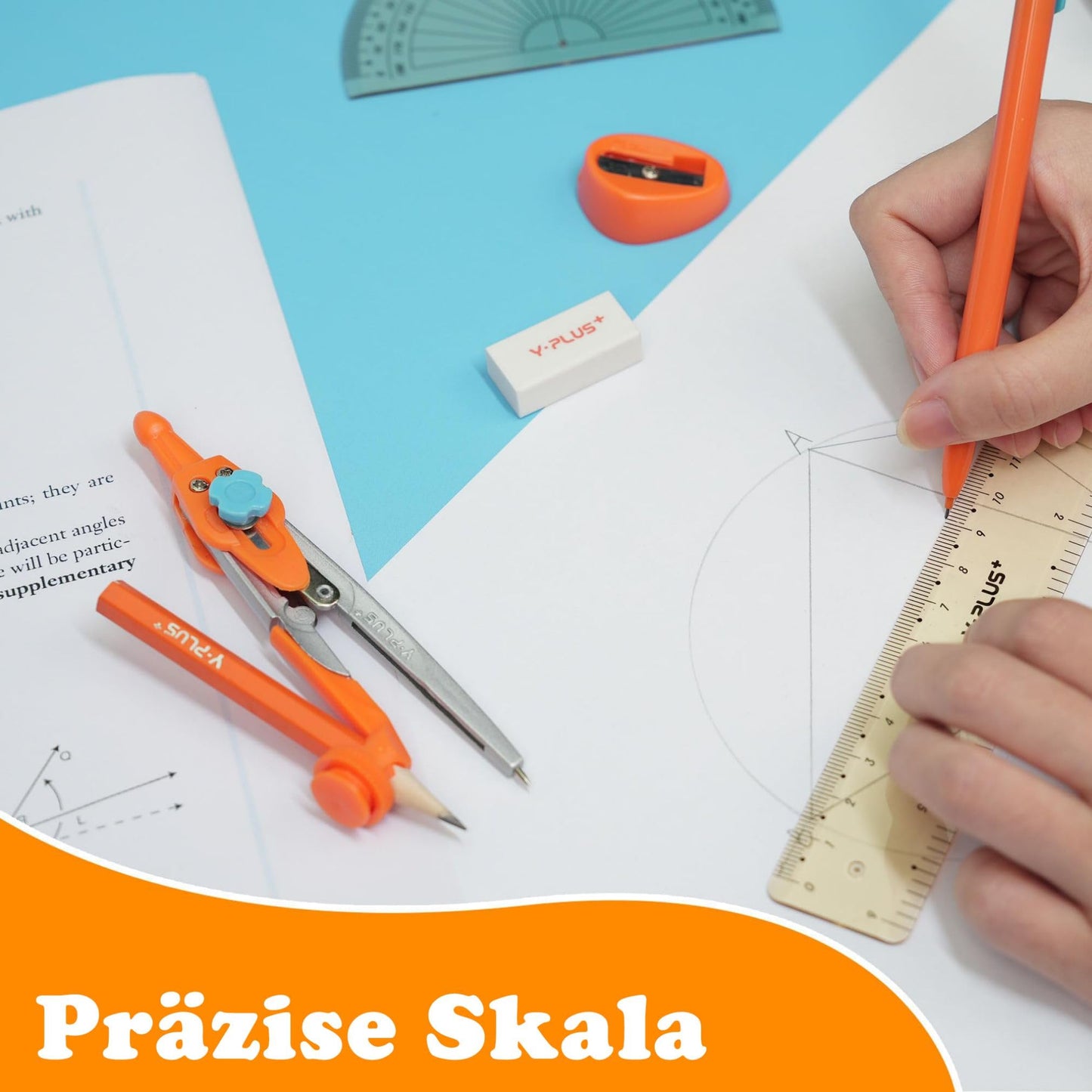 Mathematik-Geometrie-Set mit Lineal, Winkelmessern, Protraktor und Bleistiften