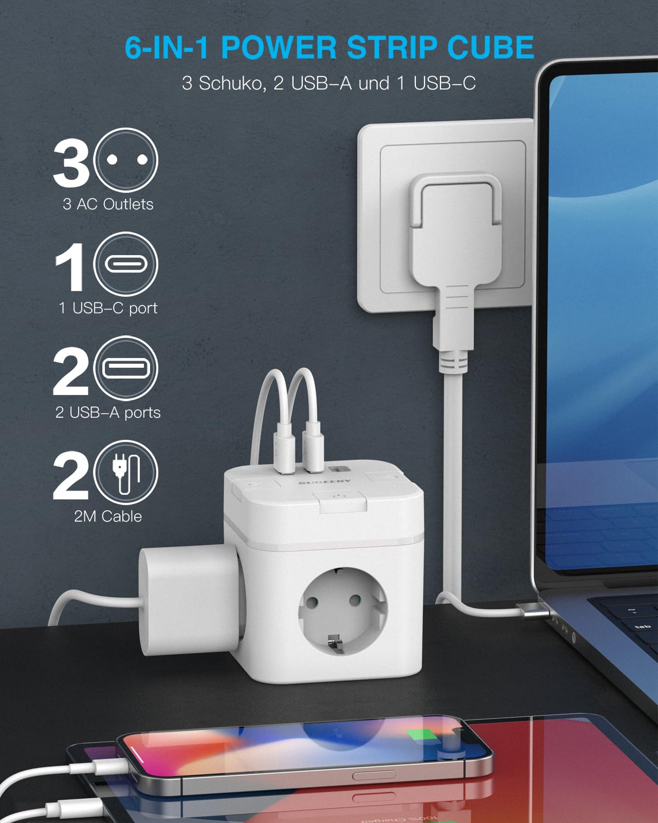 6-in-1 Steckdosenwürfel (2m Kabel) mit USB-C: Einzeln Schaltbar für Büro, Haus, Reisen