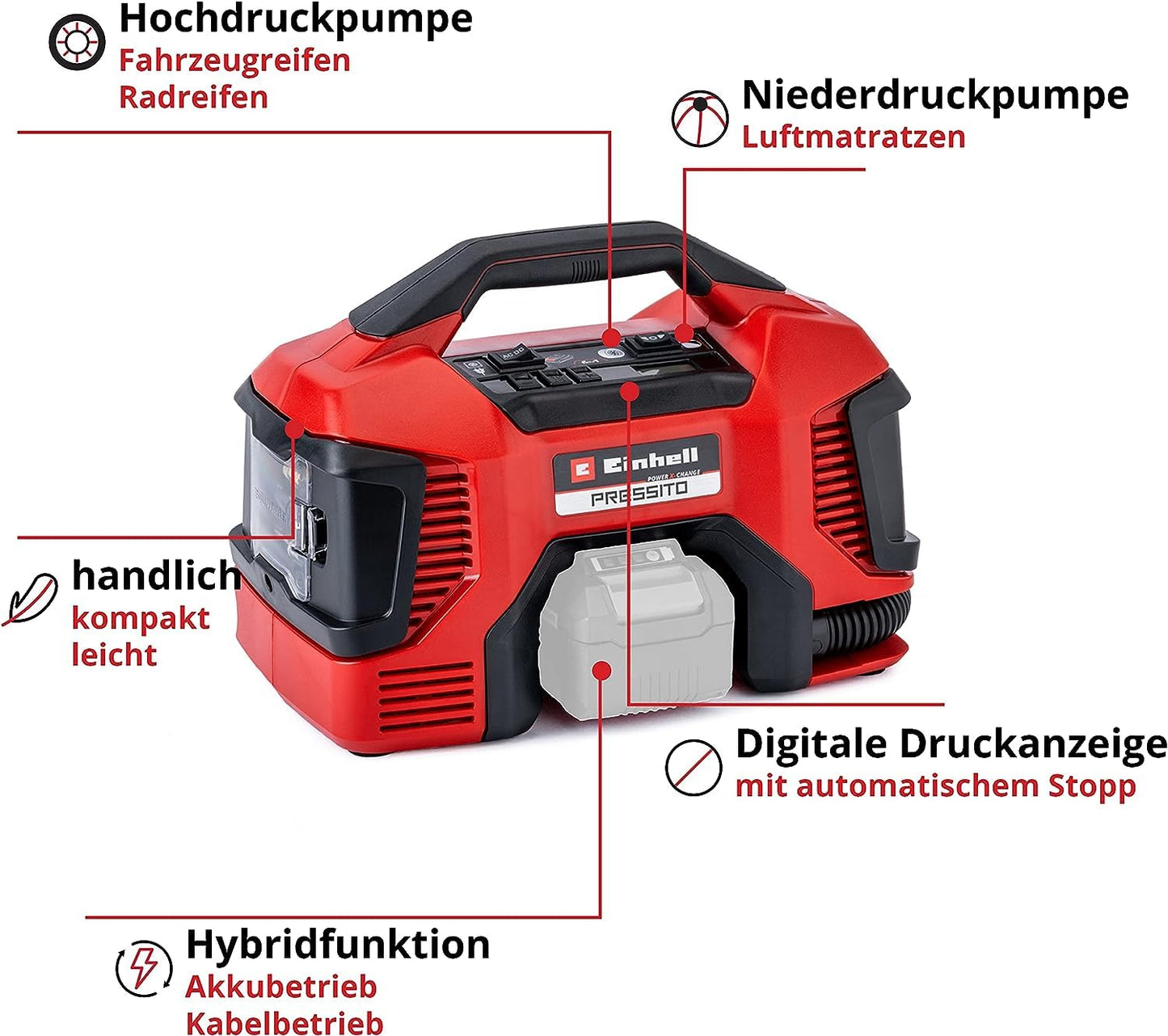 Einhell PRESSITO Hybrid-Kompressor inkl. 3-tlg. Adapter-Set: Power X-Change 18V, ohne Akku