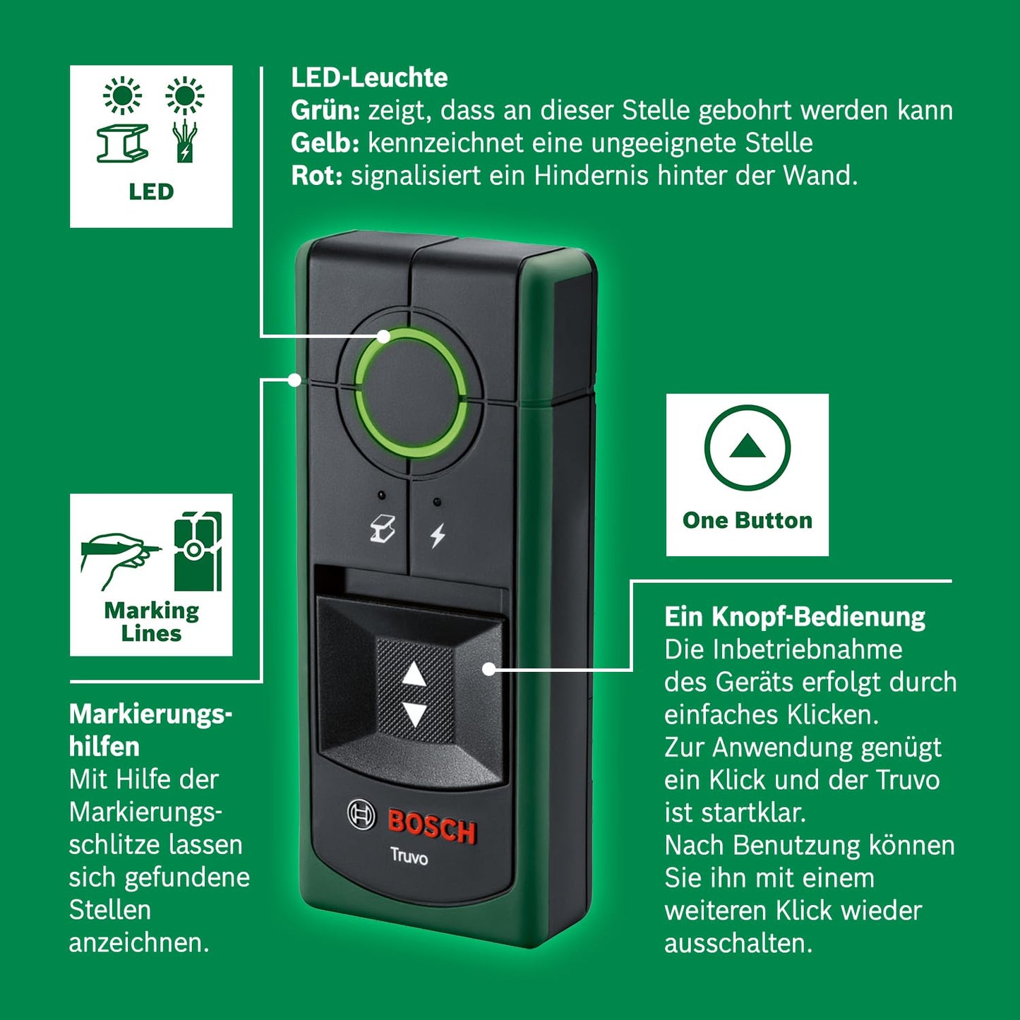 Bosch Ortungsgerät 'Truvo der 2. Generation' mit Ein-Knopf-Bedienung: Wandscanner bis 70mm