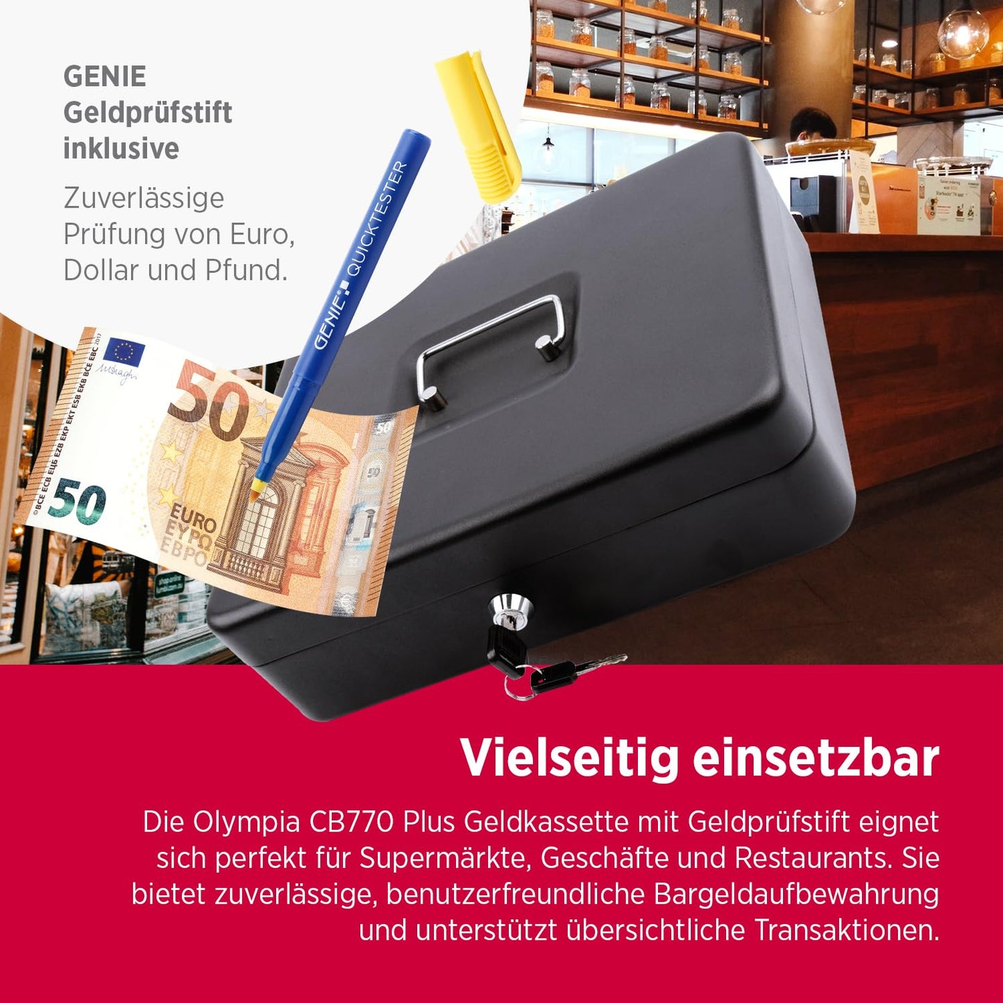 Olympia (6031 CB 770 Plus) Geldkassette: Abschließbar mit Schlüssel & Münzzählbrett inkl. Falschgeldprüfer
