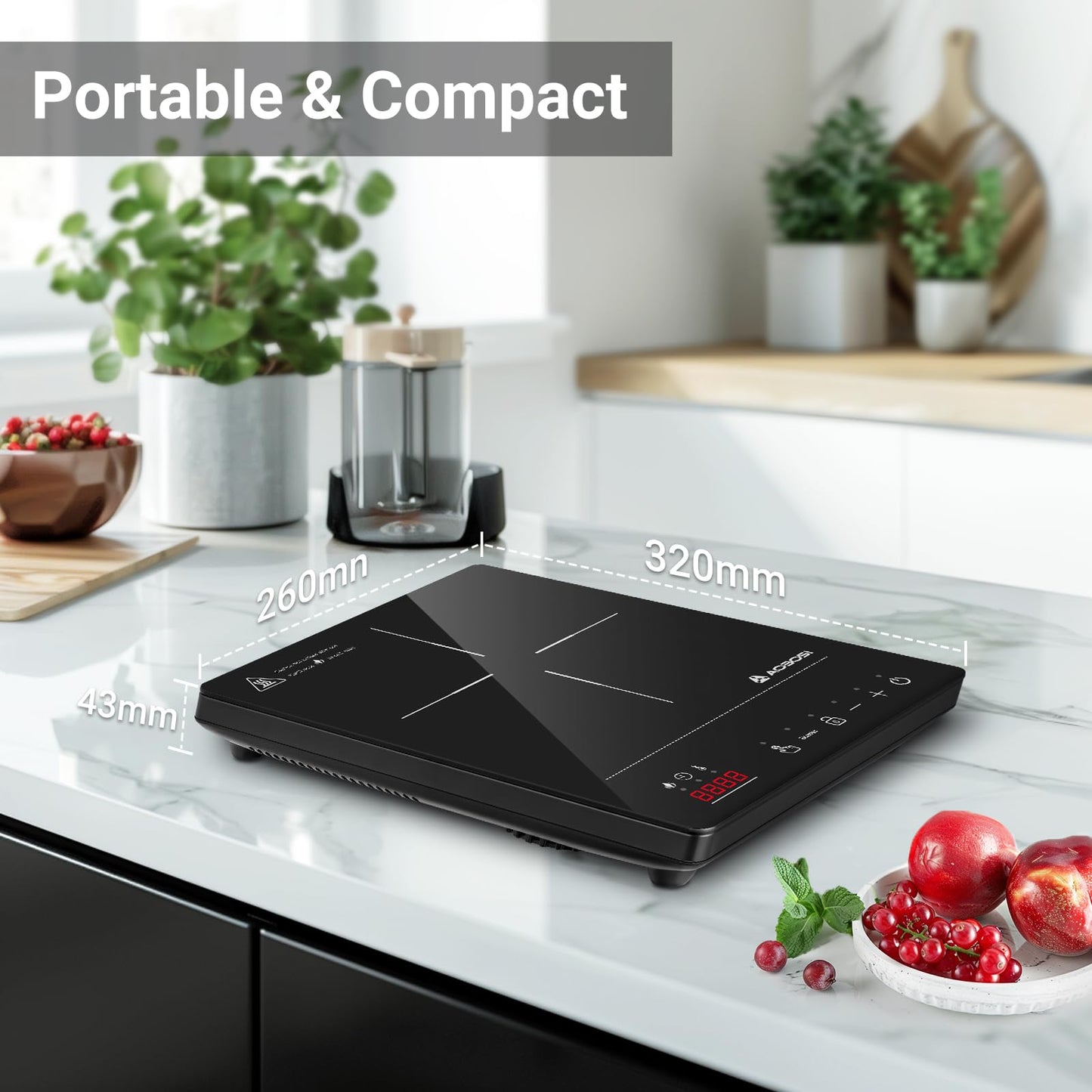 Aobosi Induktionskochfeld 1 Platte,Induktionskochplatte mit Booster-Funktion, 20 Leistungsstufen und Temperaturstufen,Kompakte Größe,2000W Tragbares Induktionskochfeld,10H-Timer,Schwarz
