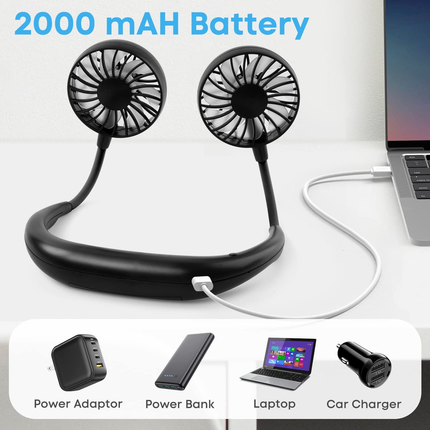 BOSONER Mini Neck Fan (2000mAh) with USB, 360° Airflow, Quiet