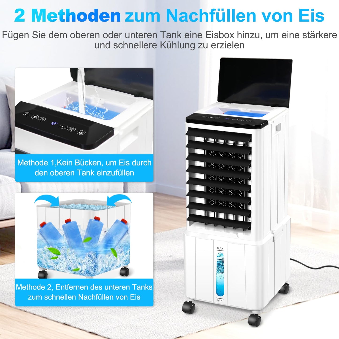Klimagerät ohne Abluftschlauch mit 12h Timer: 12L - 60W - 3 Modus - 120°, Fernbedienung