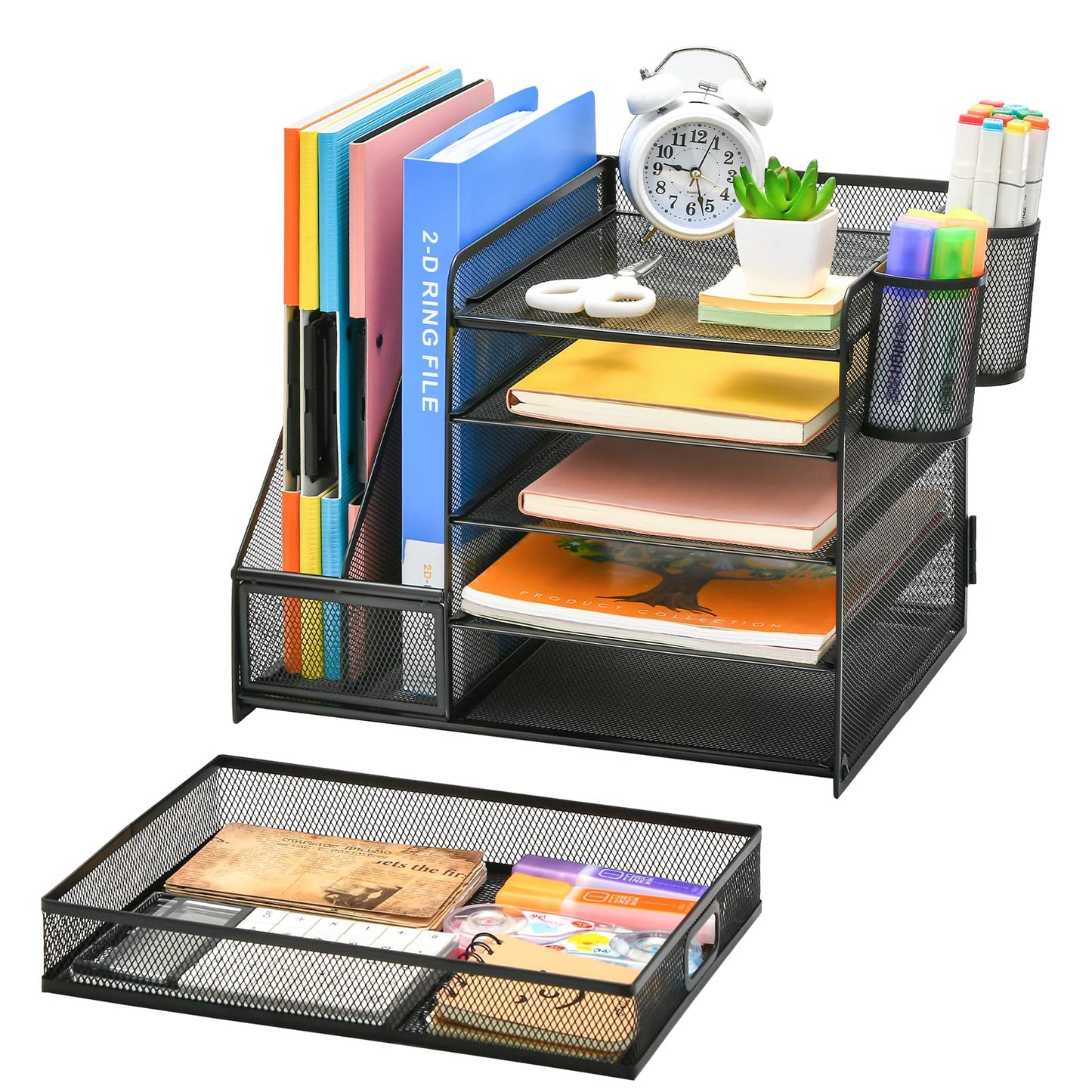 Schreibtisch Organizer mit Aktenhalter: 5-Ablagefächer mit Schublade, 2 Stifthalter (Schwarz)