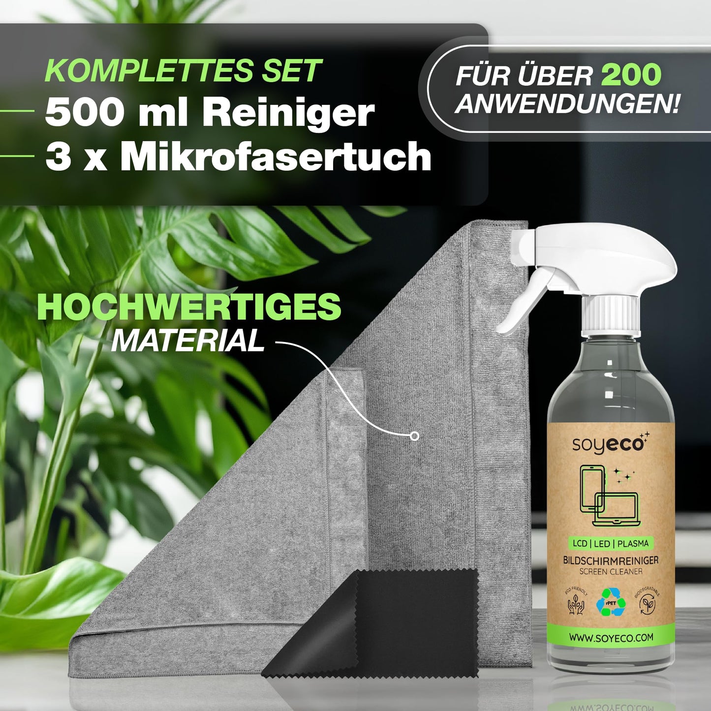 Bildschirmreinigungsspray (500ml) & 3x Mikrofasertuch: Reinigungsflüssigkeit für Smartphones, TVs, Monitore