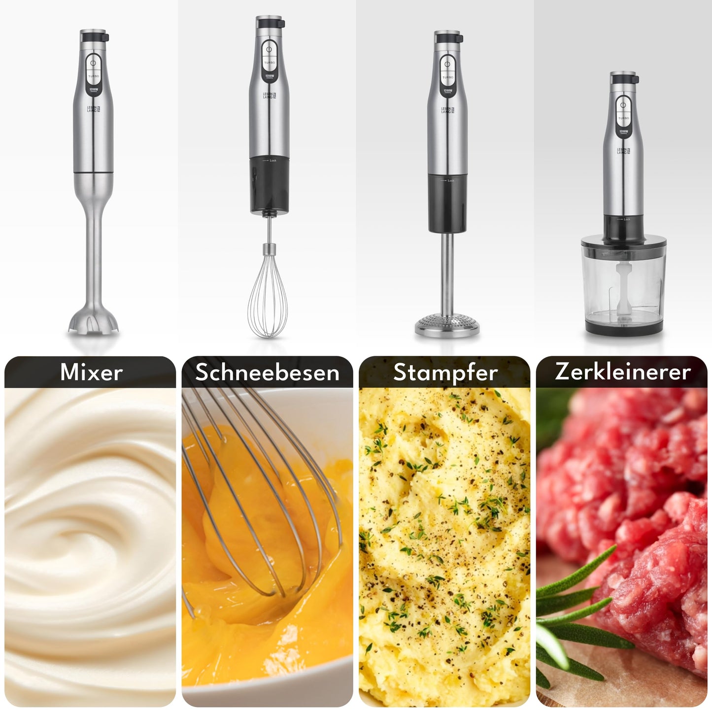 LIFETIME Premium Hand Blender Set (1200W) incl. 5x Accessories & Splash Guard