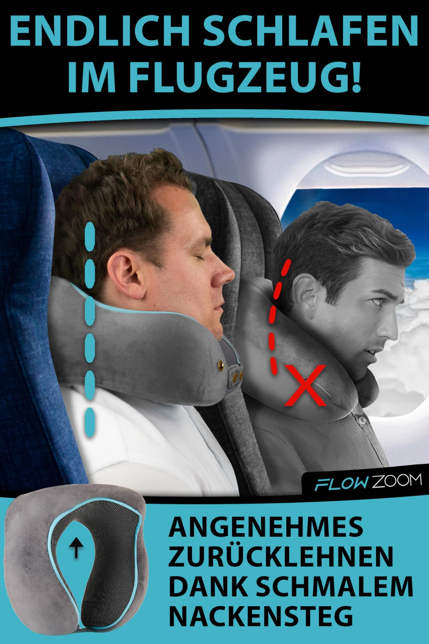 FLOWZOOM Neck Pillow for Airplane & Car | Adjustable Memory Foam with Flexible Snap Fasteners