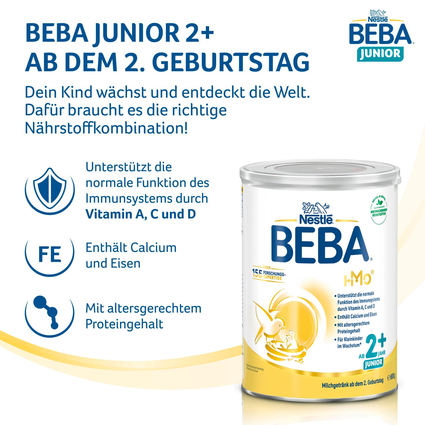 BEBA Junior 2+ Milchgetränk (3x 800g) ab dem 2. Geburtstag: Babynahrung mit HMO 2'-FL