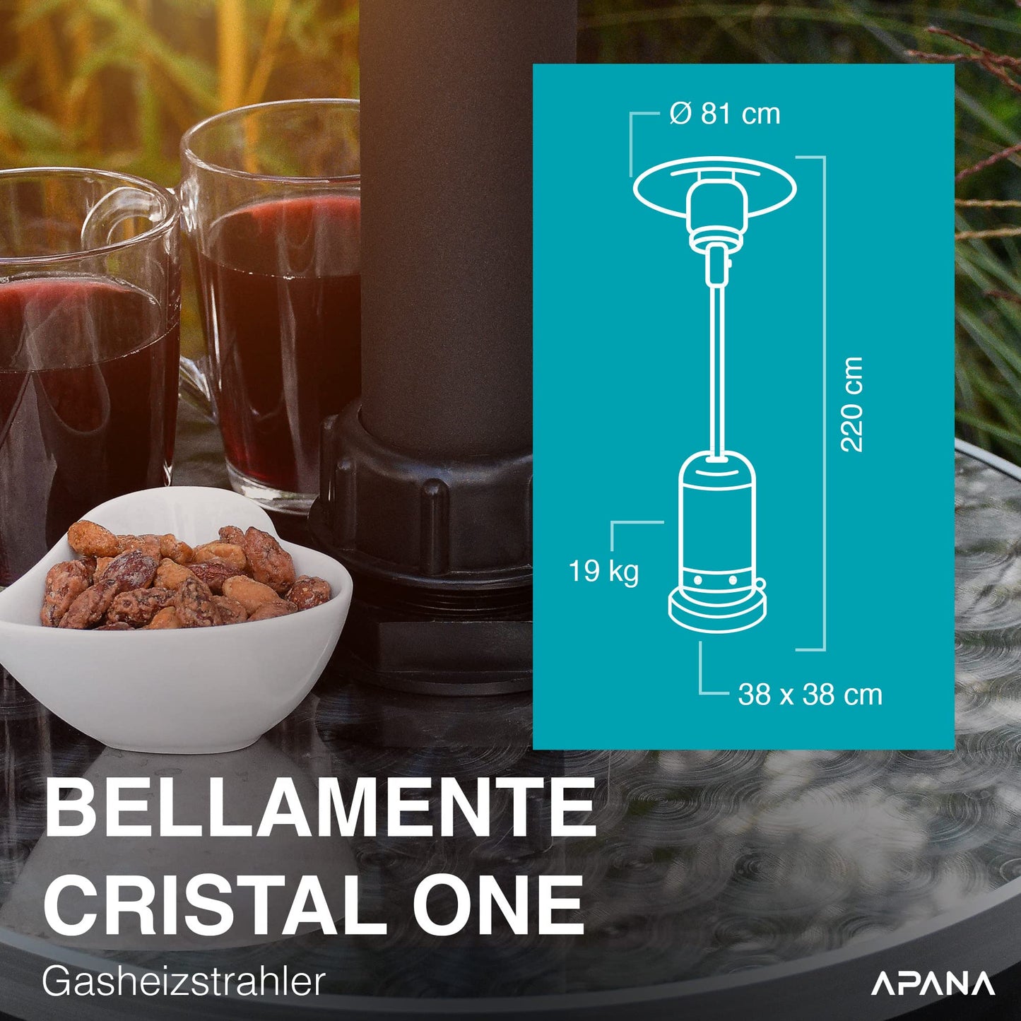 APANA 'Bellamente ONE' Gasheizstrahler (14kW) für Garten mit Transportrollen & Abschaltautomatik