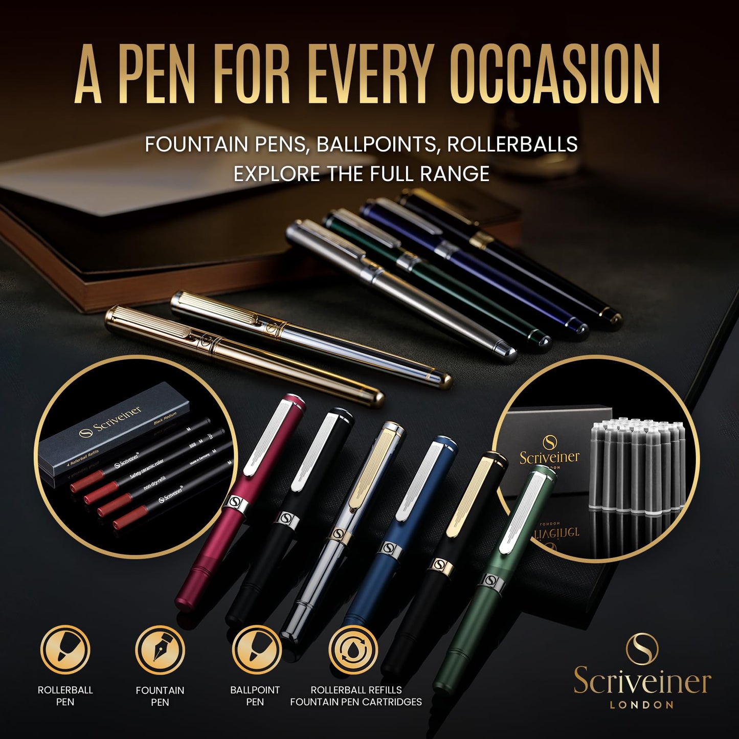 Scriveiner Silber Füllfederhalter Füller Edel mit Echtgold-Finish, Schmidt vergoldete Feder (mittel), Bestes Geschenk für Herren und Damen, Manager, Führungskräfte (Silber Chrom)