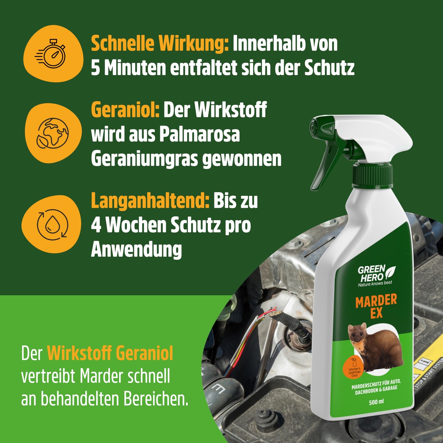 GREEN HERO Marten-EX (500ml): Marten repellent, marten deterrent car spray