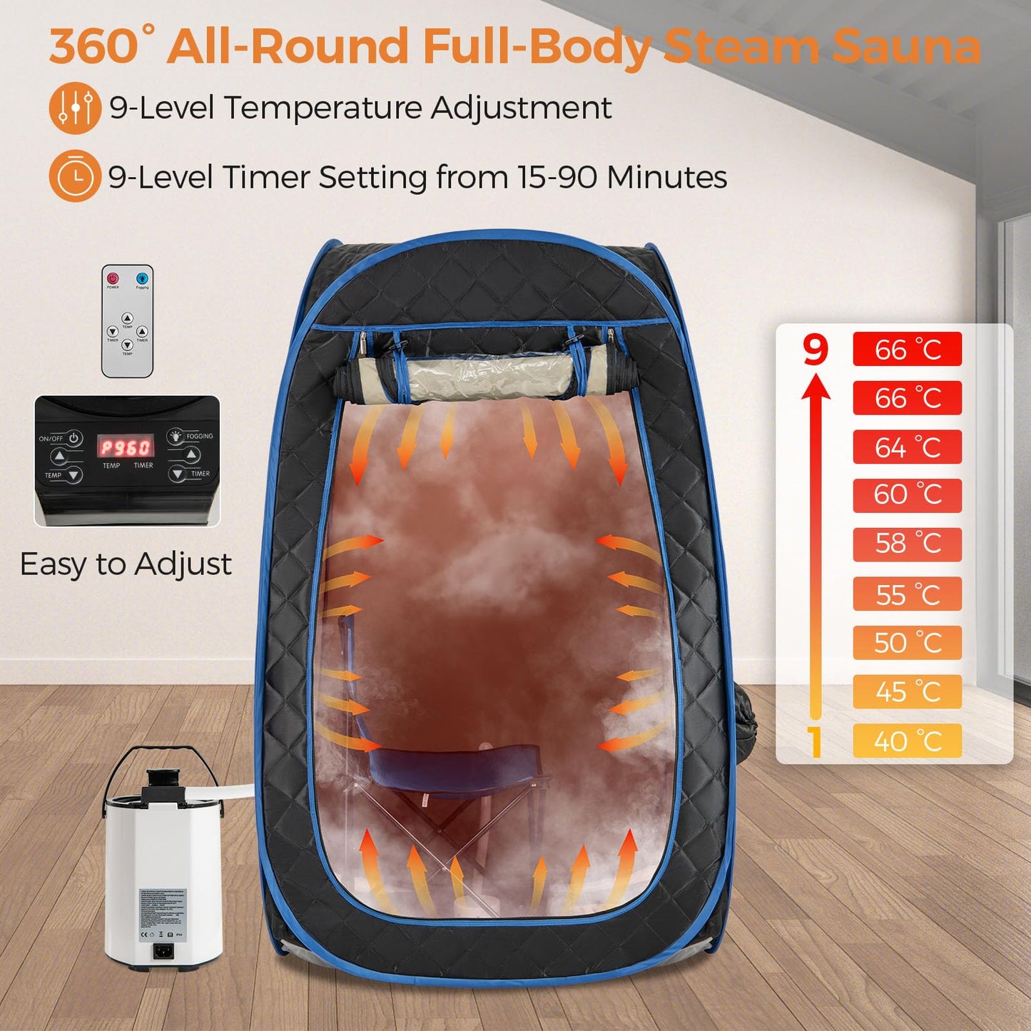 HOMASIS Steam Sauna for Home with Remote Control, Folding Chair & Foot Massager (Black)