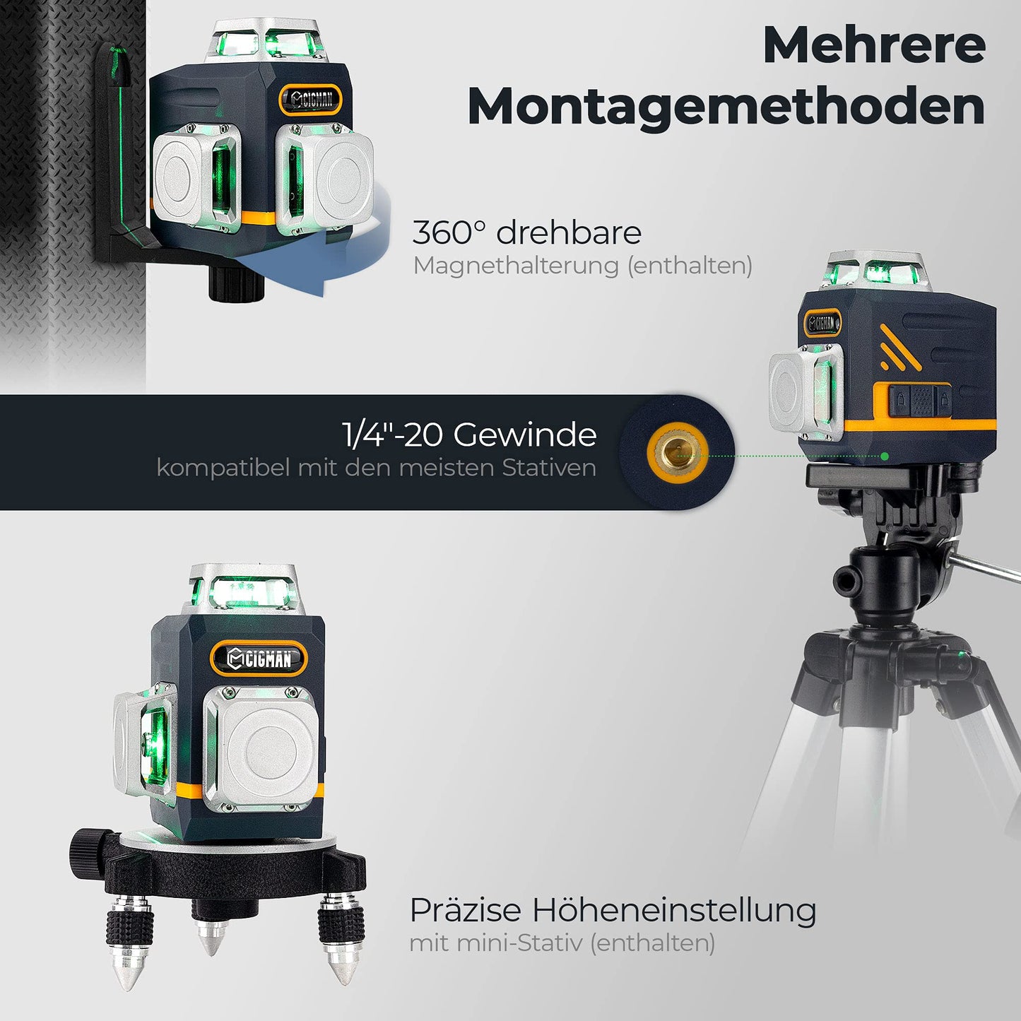 Kreuzlinienlaser, CIGMAN (3x360 Grad) Grün: Selbstnivellierend Laser Wasserwaage, Baulaser