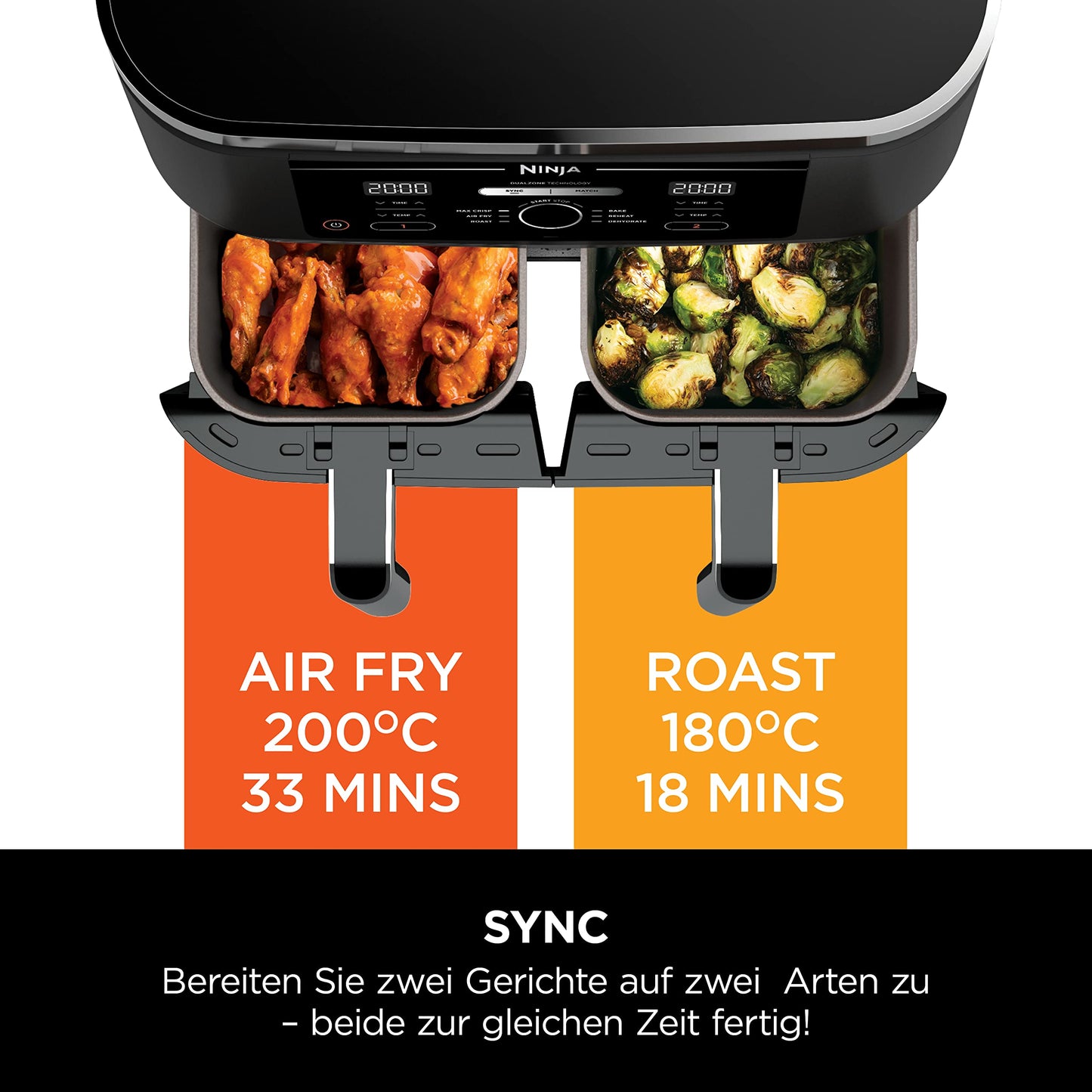 Ninja Dual-Zone Heißluftfritteuse AF400EU (9,5 L): 6 Kochfunktionen | Schwarz