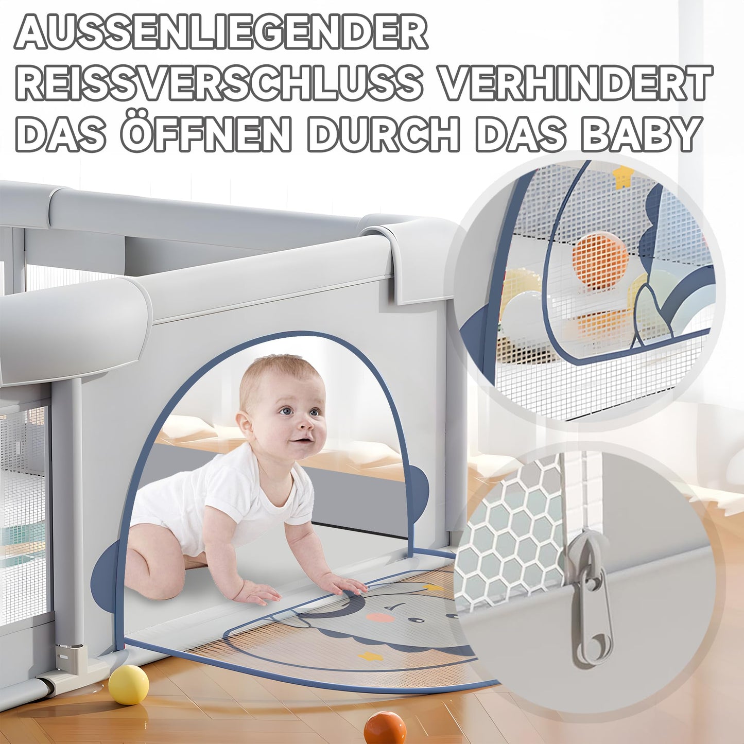 Baby playpen with non-slip floor (200x180cm) including 60 sea balls, 4 handles, playpen, storage bag