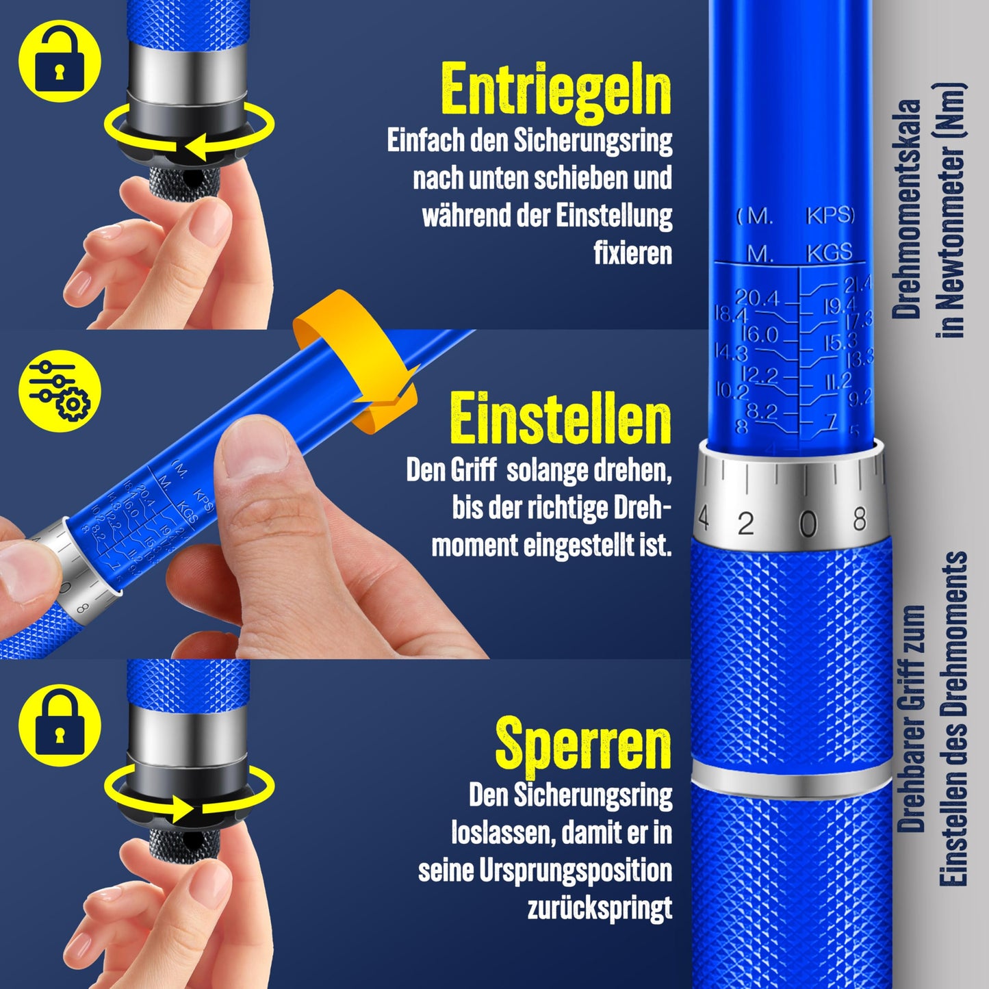 MASKO® Drehmomentschlüssel (6-teilig): 40-210Nm 1/2' CV inkl. 3 Stecknüsse + Montagehandschuhe Koffer