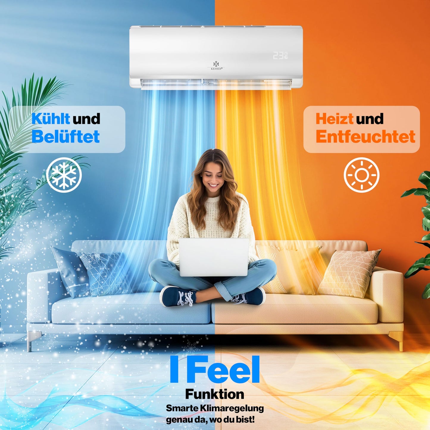 KESSER® 'Quick Connect' Split Klimaanlage-Set mit Heizfunktion: 12000BTU, 3,4kW, WiFi & App