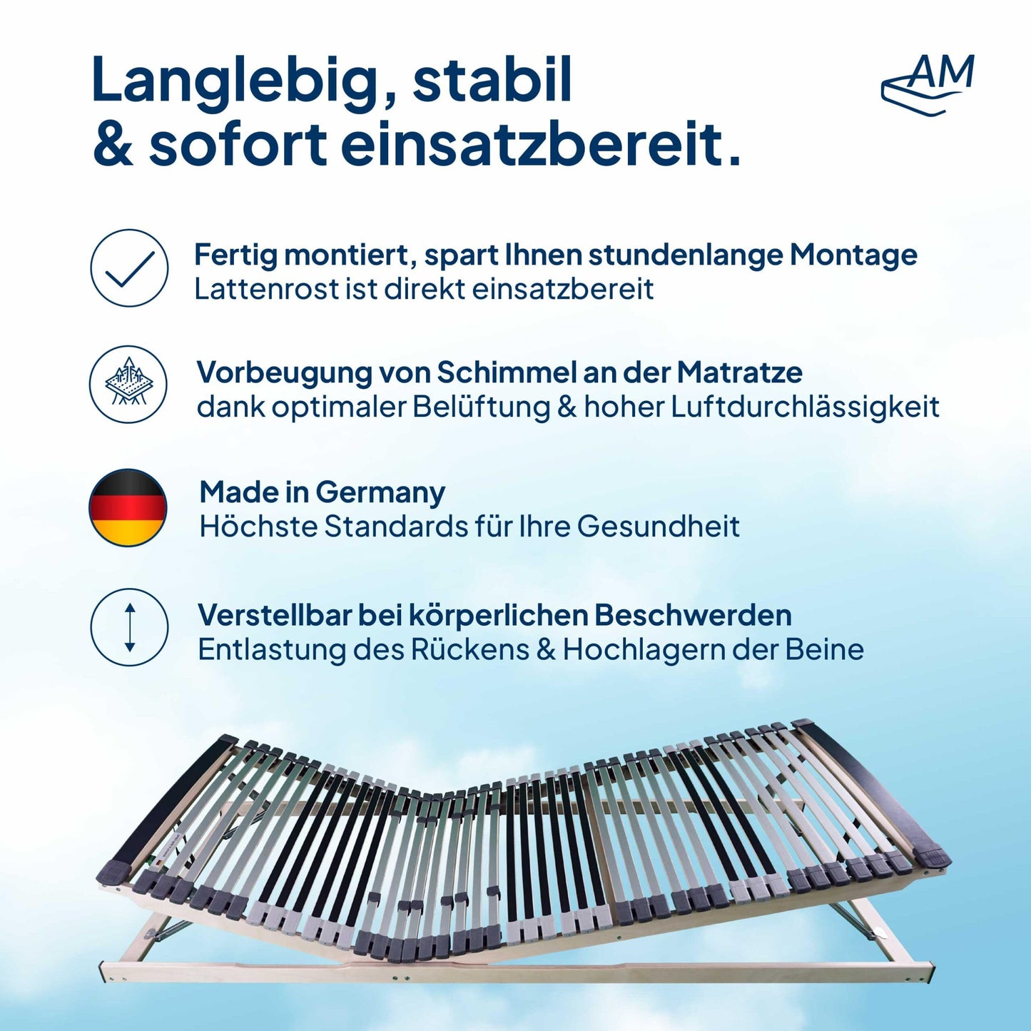 Ergonomischer 7-Zonen Lattenrost (90x200cm): 44 Leisten - Verstellbar - Holmabsenkung