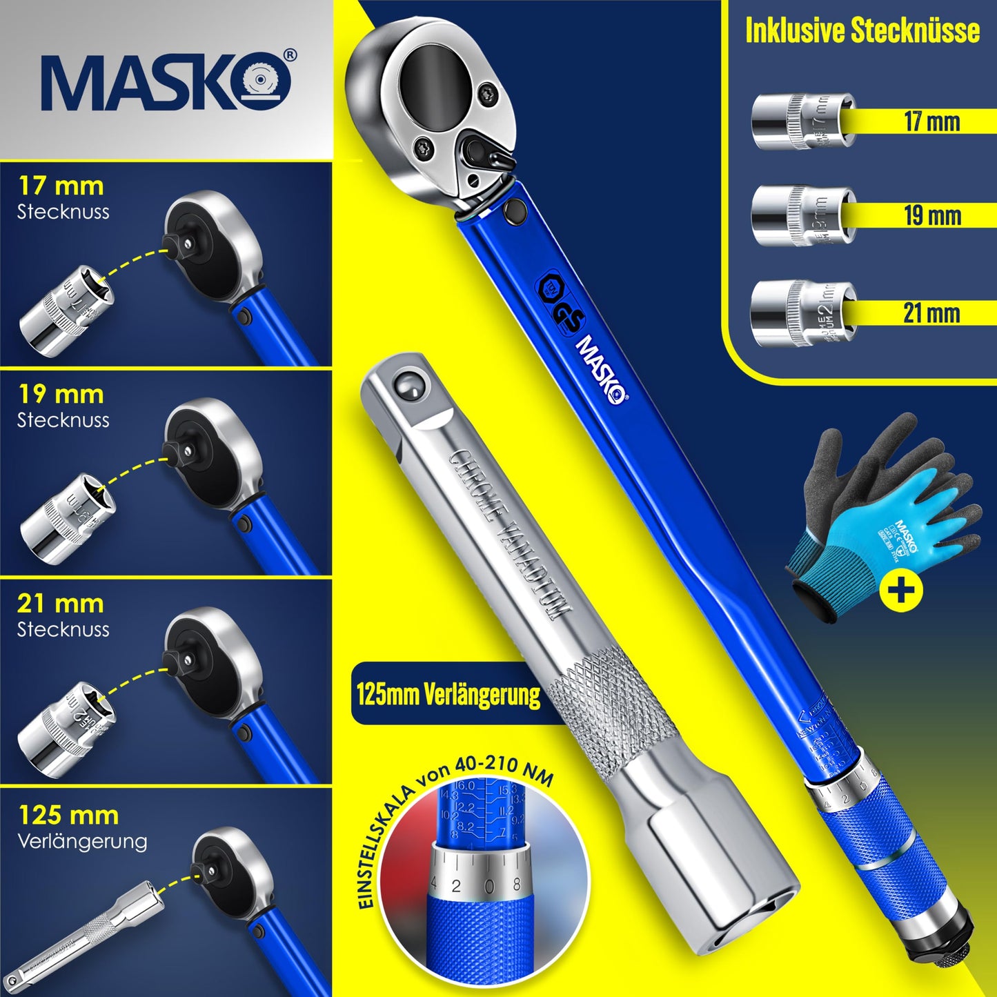 MASKO® Drehmomentschlüssel (6-teilig): 40-210Nm 1/2' CV inkl. 3 Stecknüsse + Montagehandschuhe Koffer