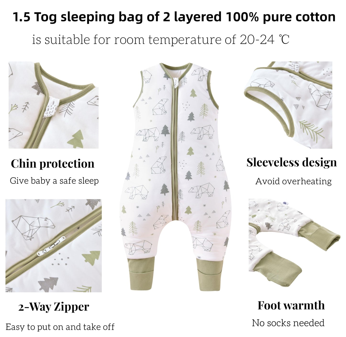 Chilsuessy (2er Pack) Baby Schlafsack mit Beinen, 1.5 Tog | 100% Baumwolle, Ganzjahr