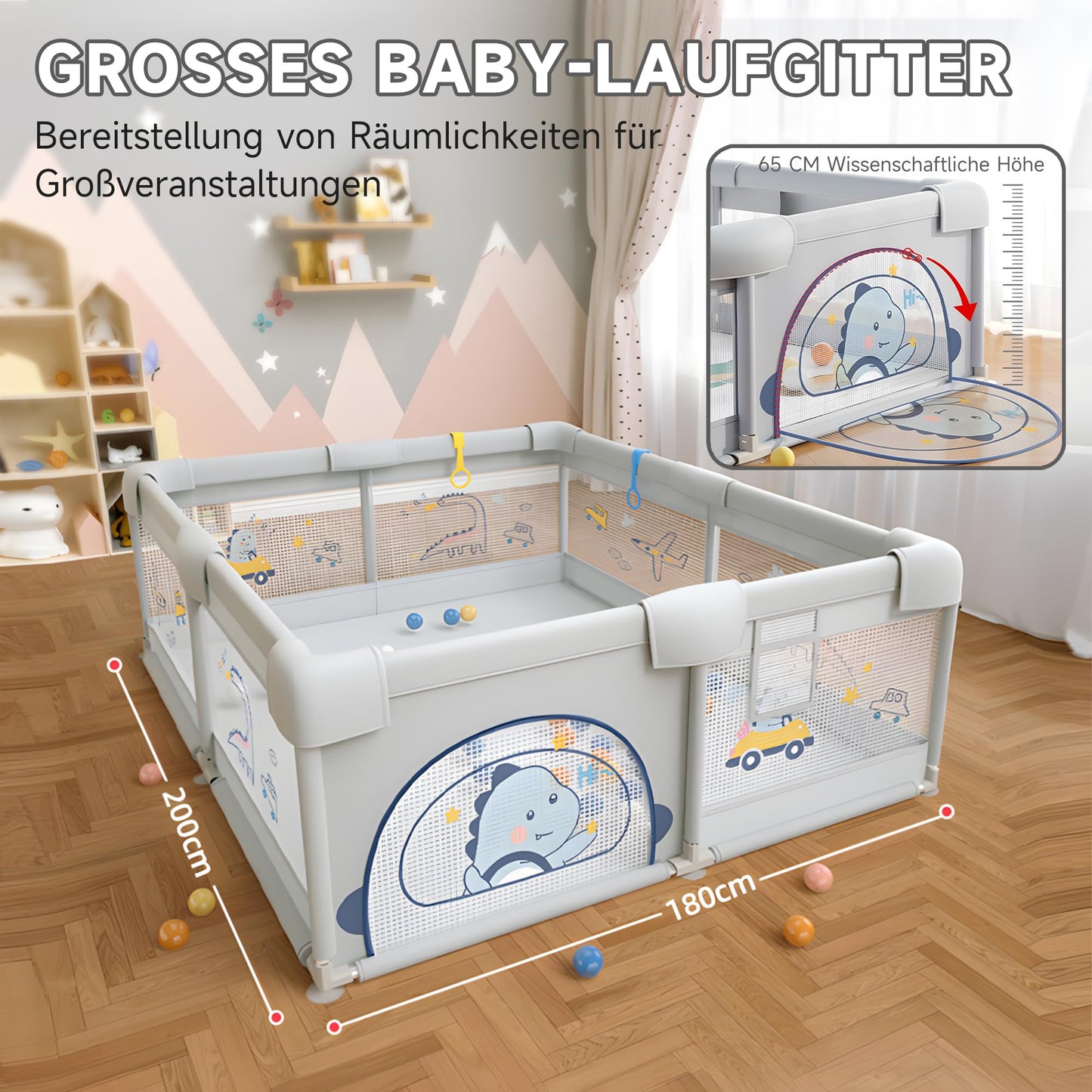 Baby playpen with non-slip floor (200x180cm) including 60 sea balls, 4 handles, playpen, storage bag