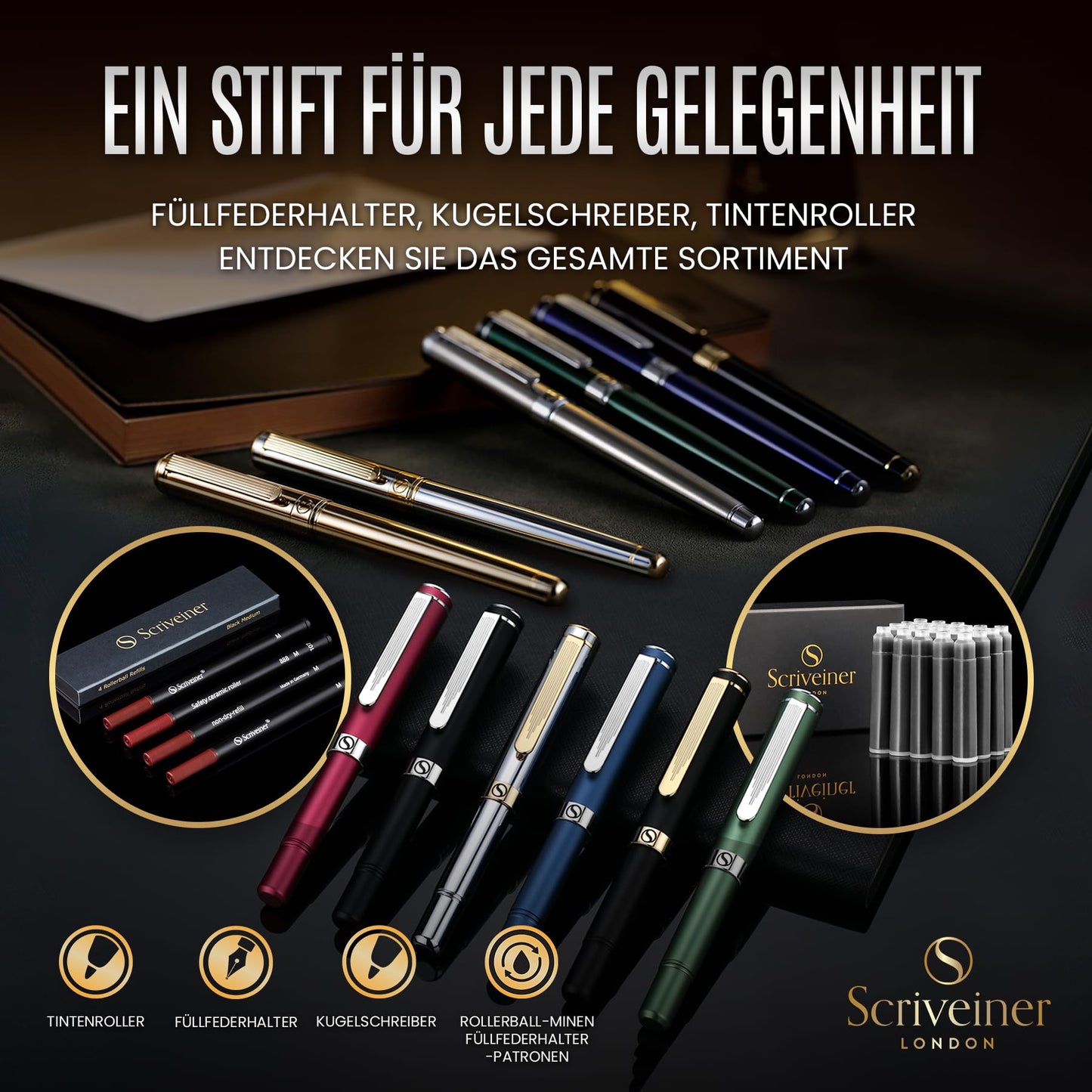 Scriveiner Kugelschreiber Hochwertiger Design Kugelschreiber in Silber mit Echtvergoldung, schwarze Schmidt Ersatzmine, Geschenkbok, Büro set, Professionelle Kugelschreiber